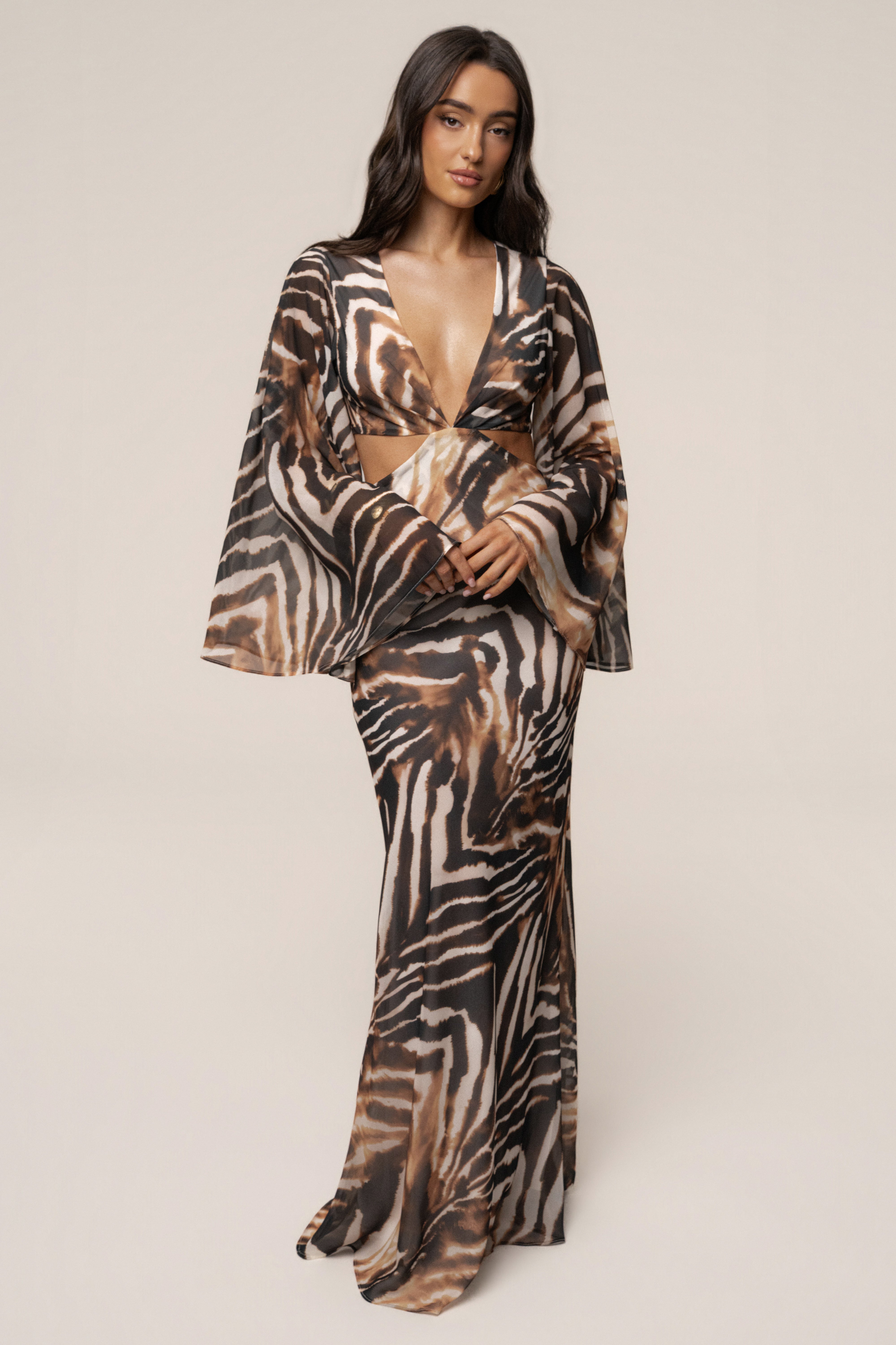 Brown Zebra Instincts Print Maxi Dress