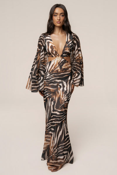 Brown Zebra Instincts Print Maxi Dress