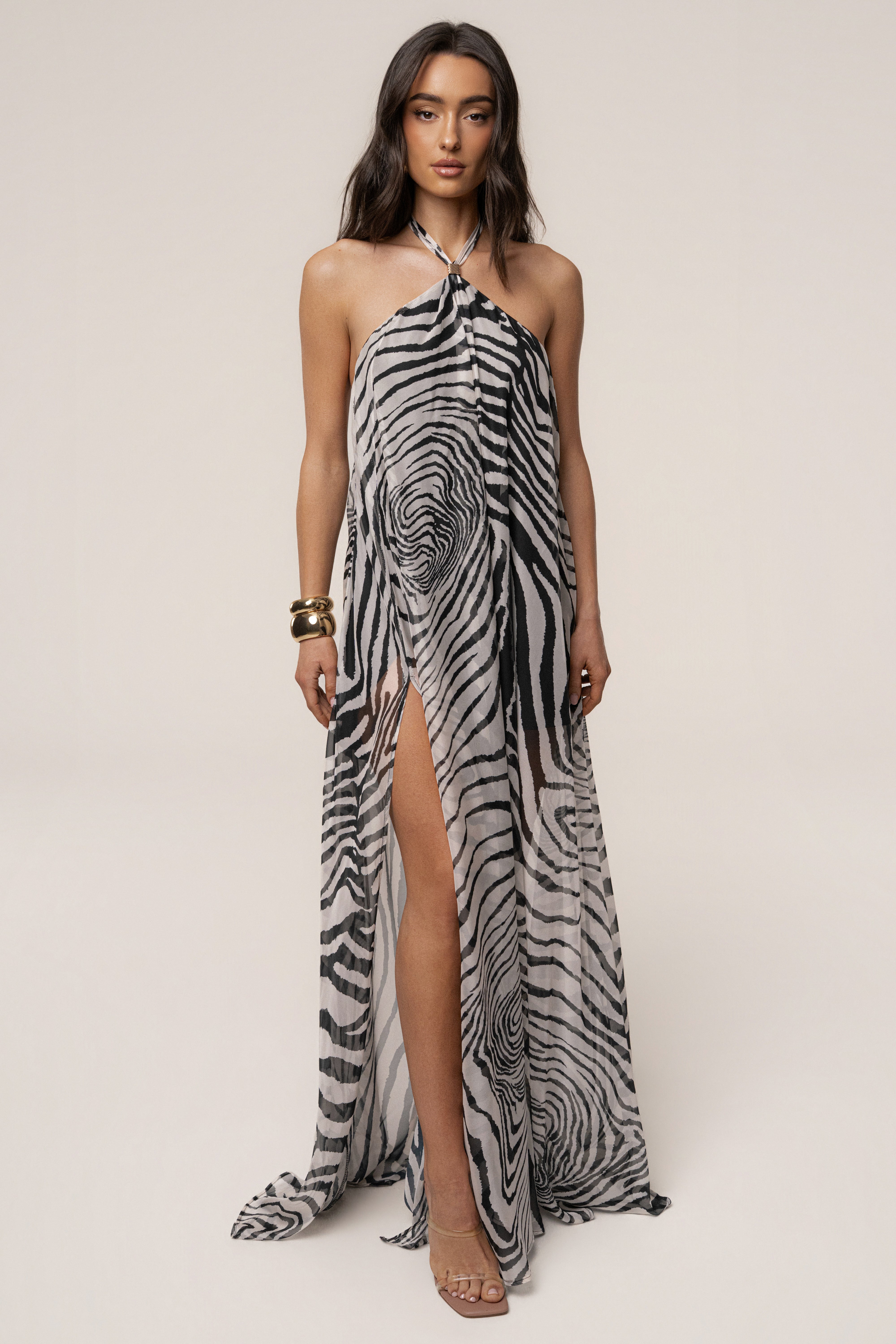 Zebra Print Halter Dress | Jolene Maxi with Gold Ring Detail
