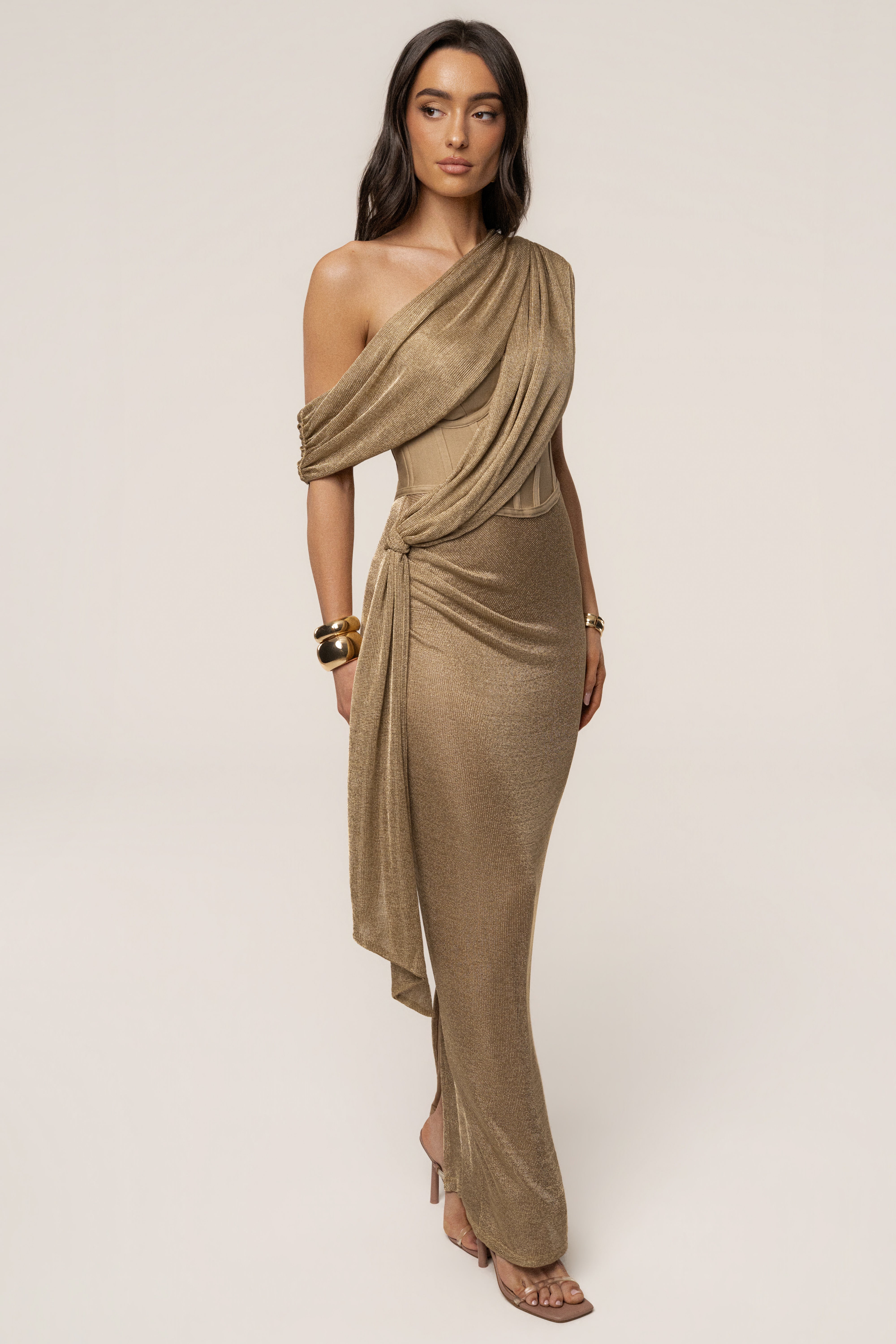 Gold Metallic Celestina Draped Maxi Dress - JLUXLABEL