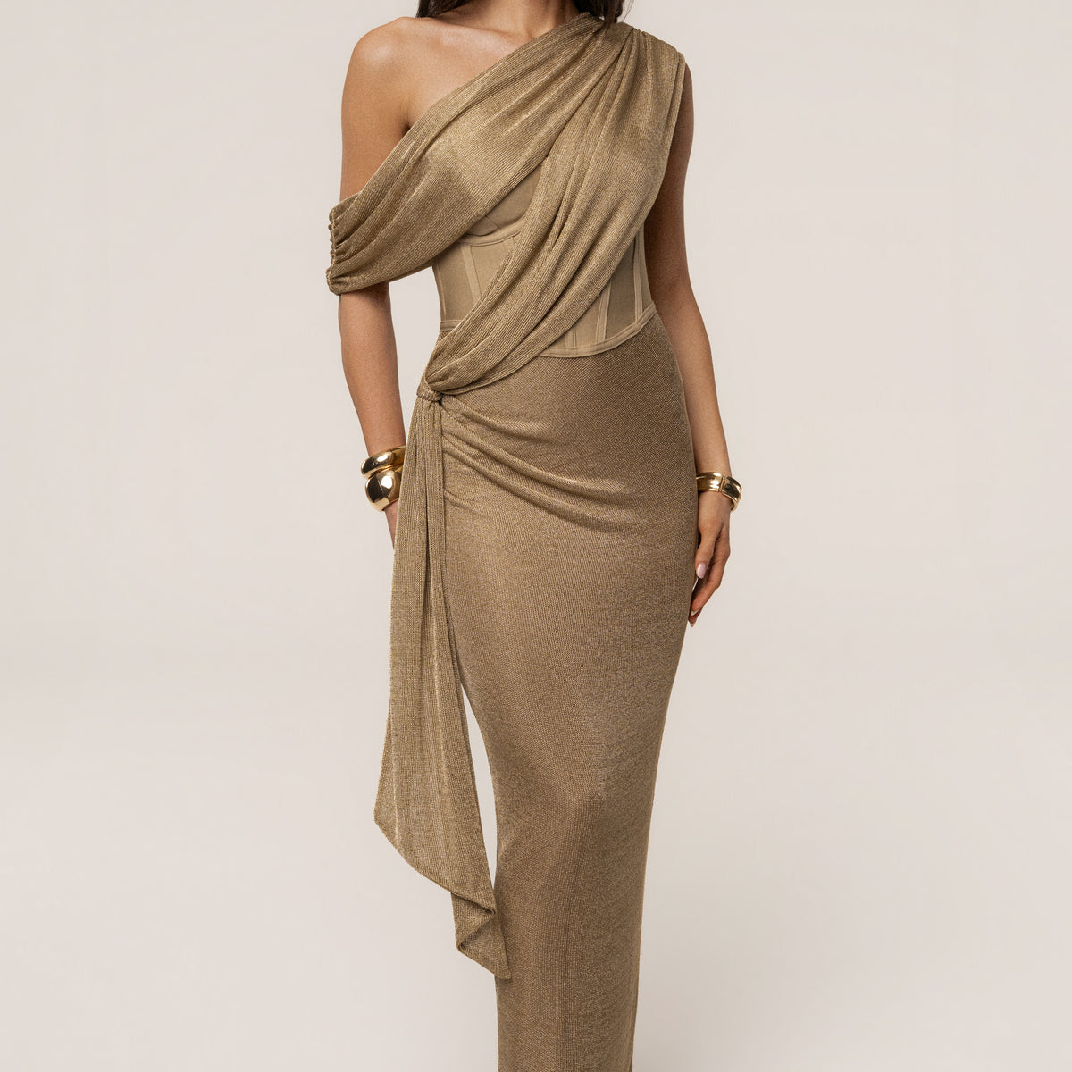 jluxlabel green celestina draped maxi dress Gold Metallic Celestina Draped Maxi Dress