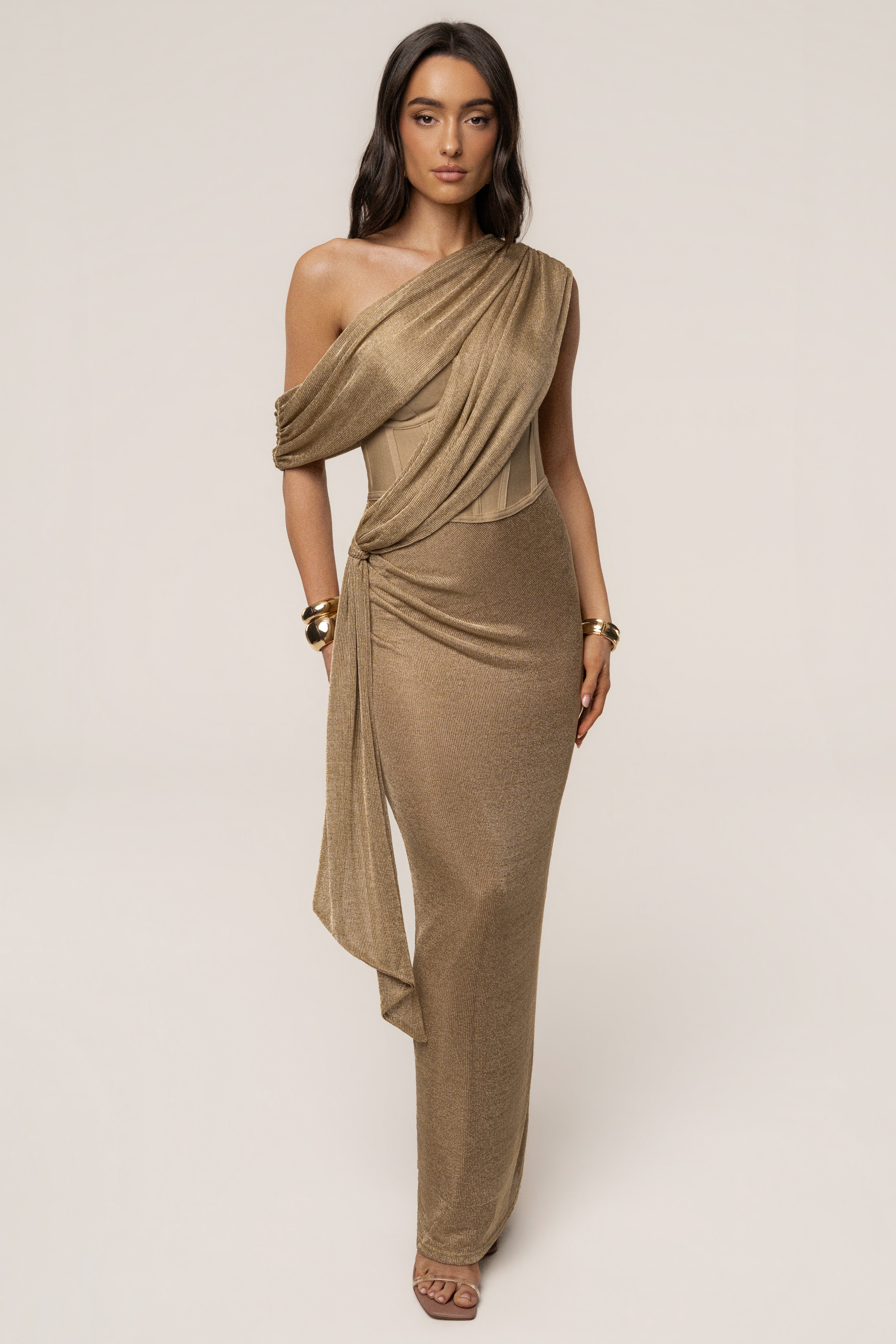 Gold Metallic Celestina Draped Maxi Dress - JLUXLABEL