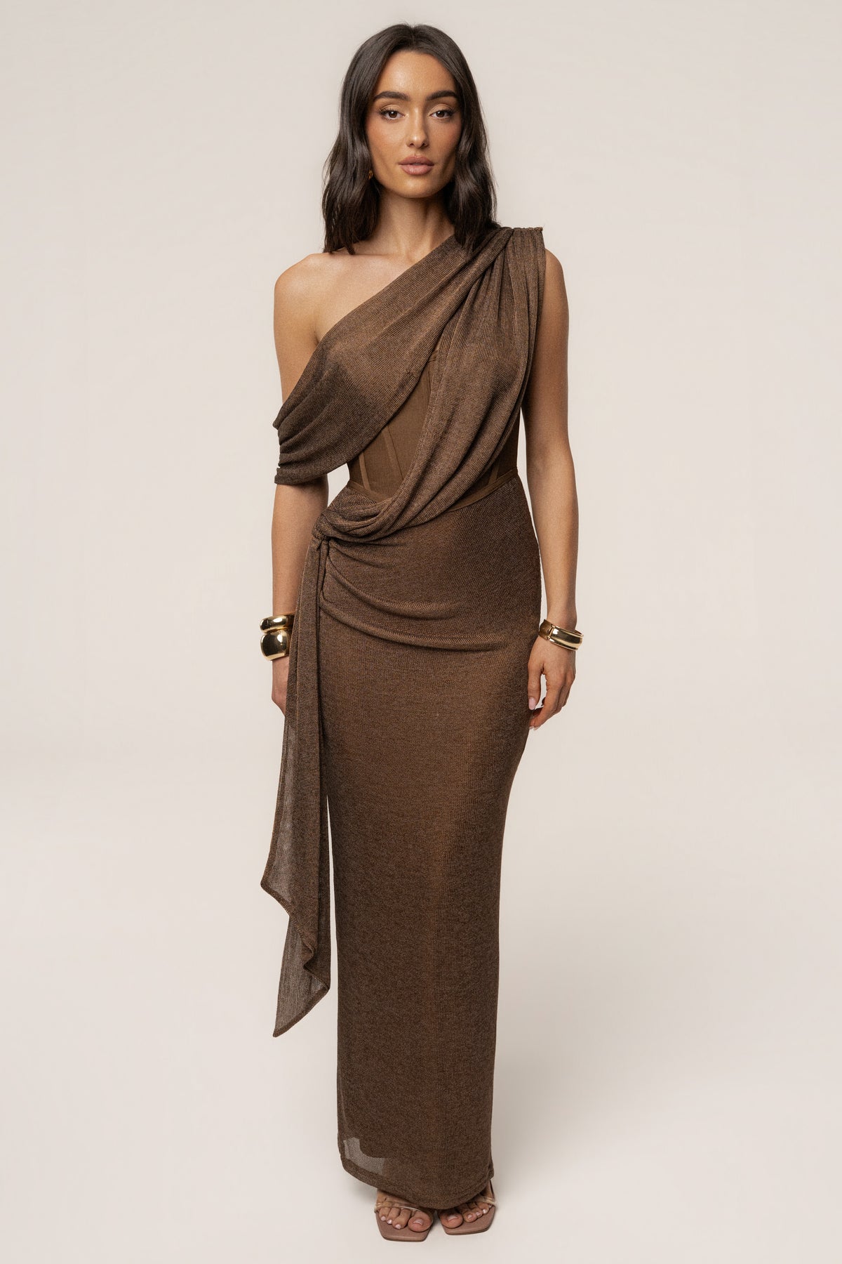 Bronze Metallic Celestina Draped Maxi Dress - JLUXLABEL