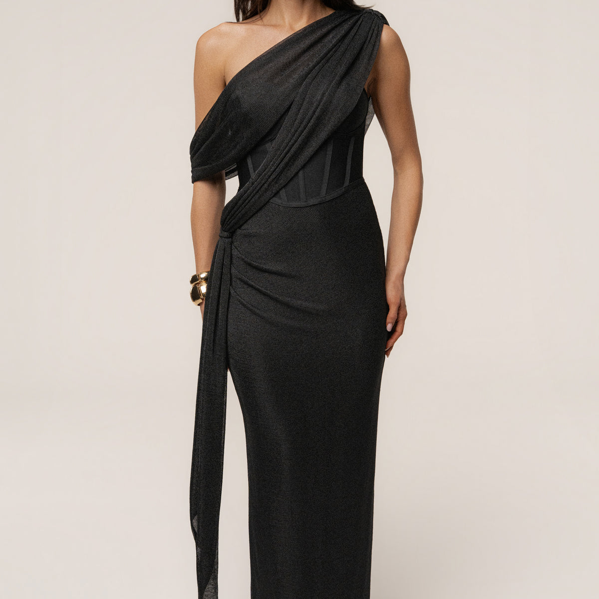 chinese dress ladies Jluxlabel | Gold Metallic Celestina Draped Maxi Dress main image 0