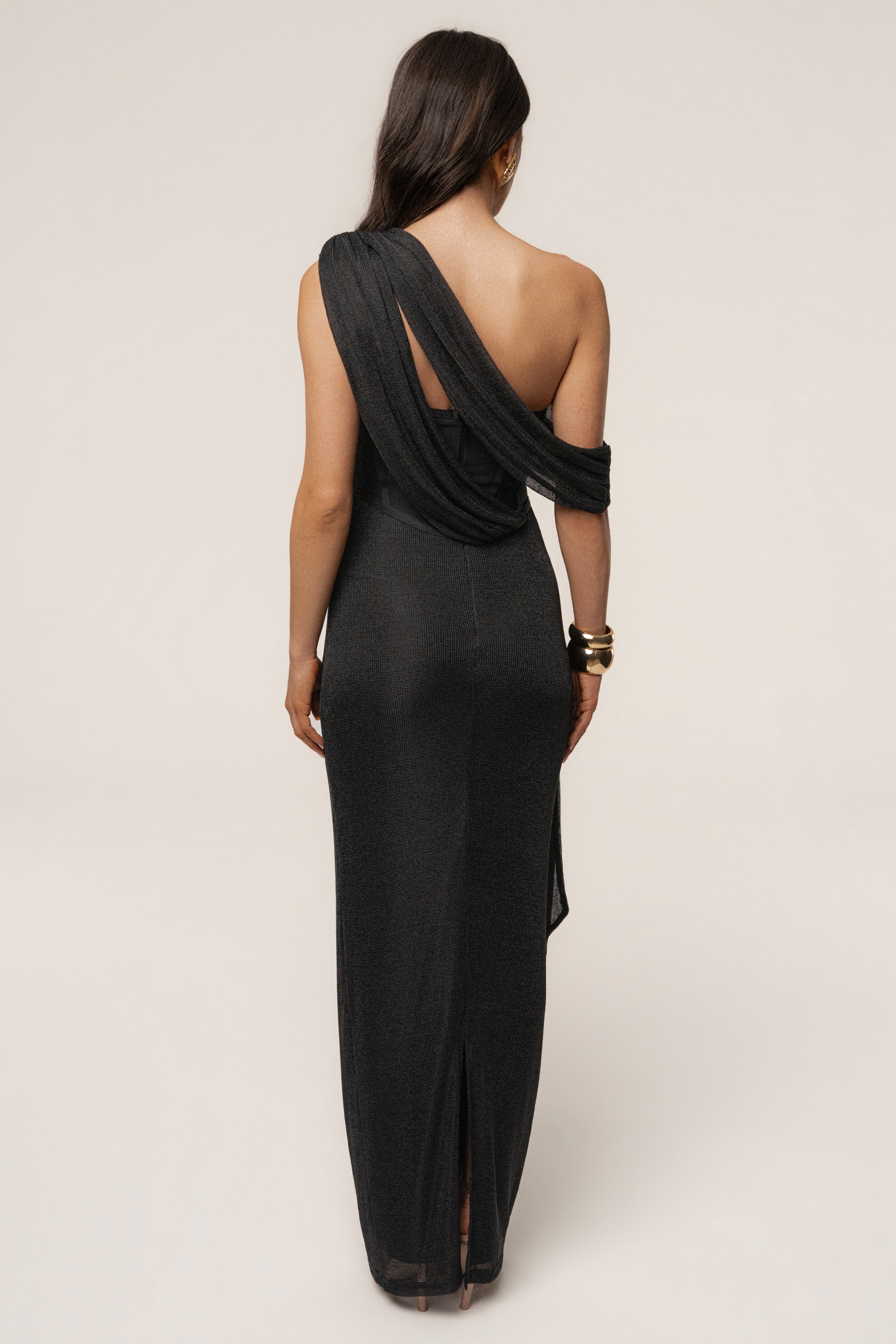 Black Metallic Celestina Draped Maxi Dress - JLUXLABEL