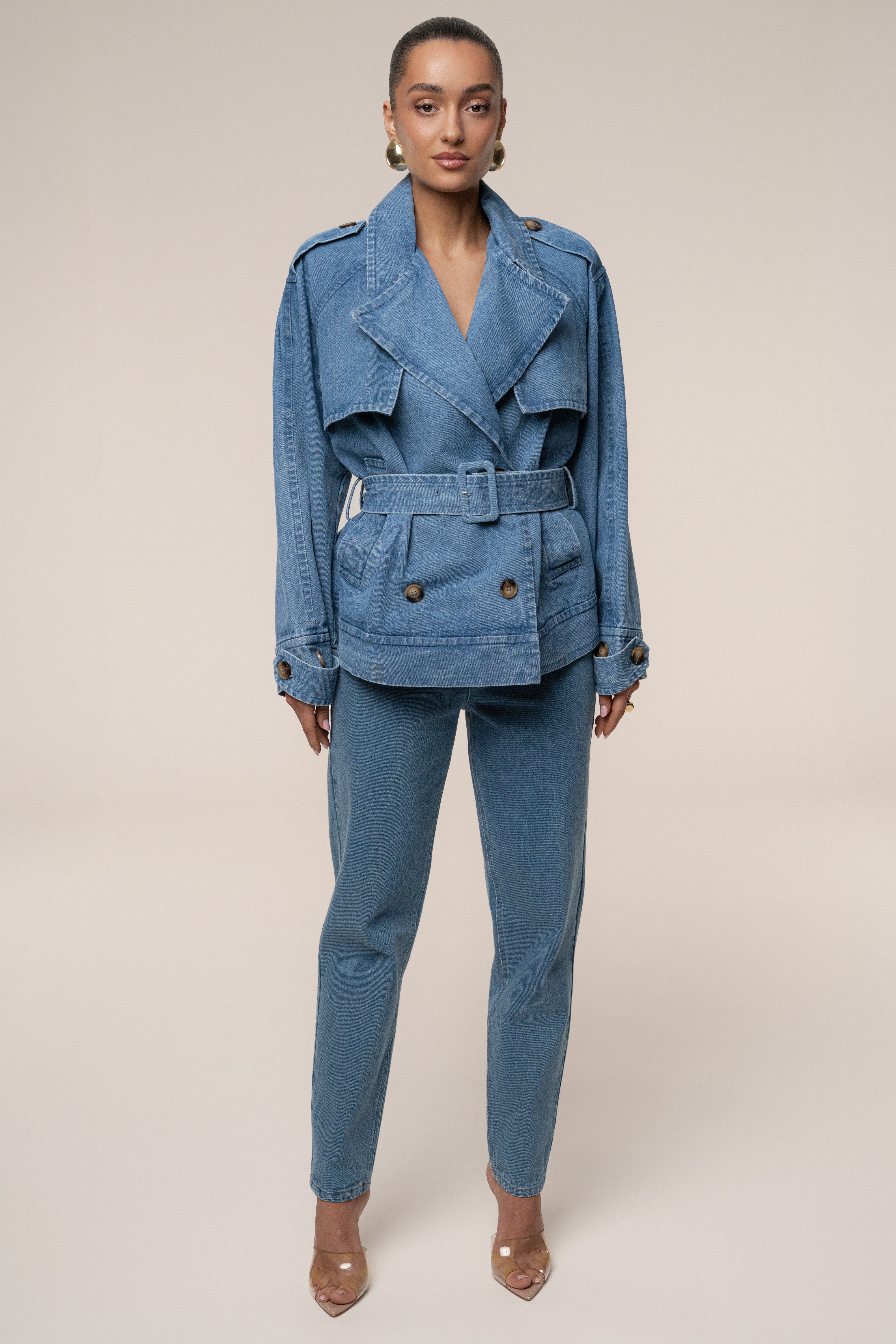 Medium Wash Double Breasted Denim Jacket - JLUXLABEL