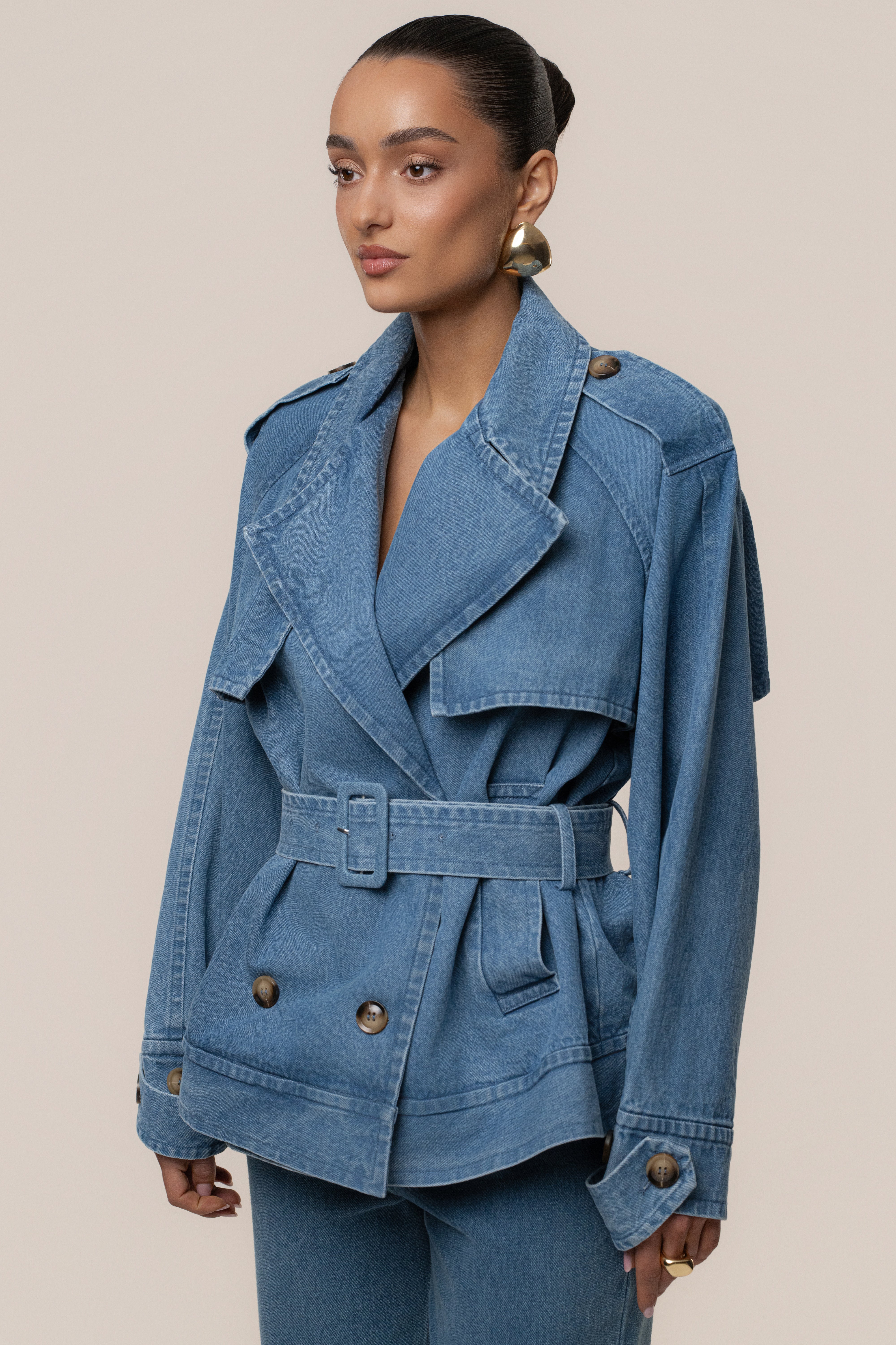 Medium Wash Double Breasted Denim Jacket - JLUXLABEL