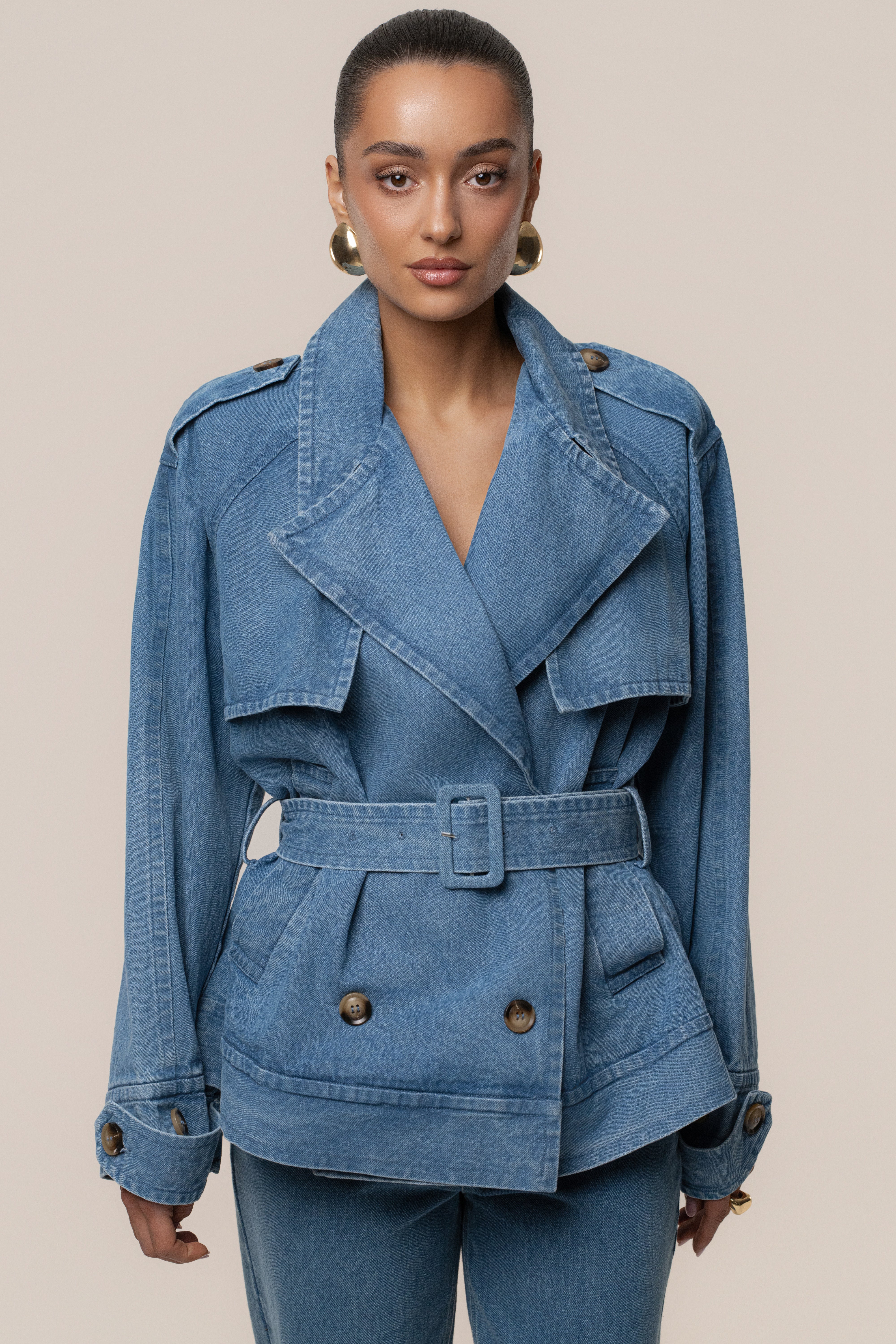 Medium Wash Double Breasted Denim Jacket - JLUXLABEL