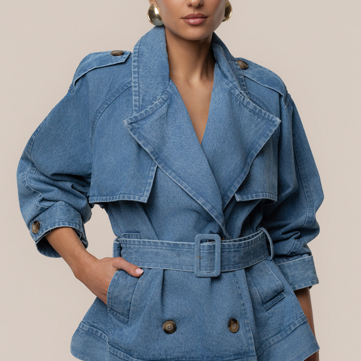 Medium Wash Double Breasted Denim Jacket