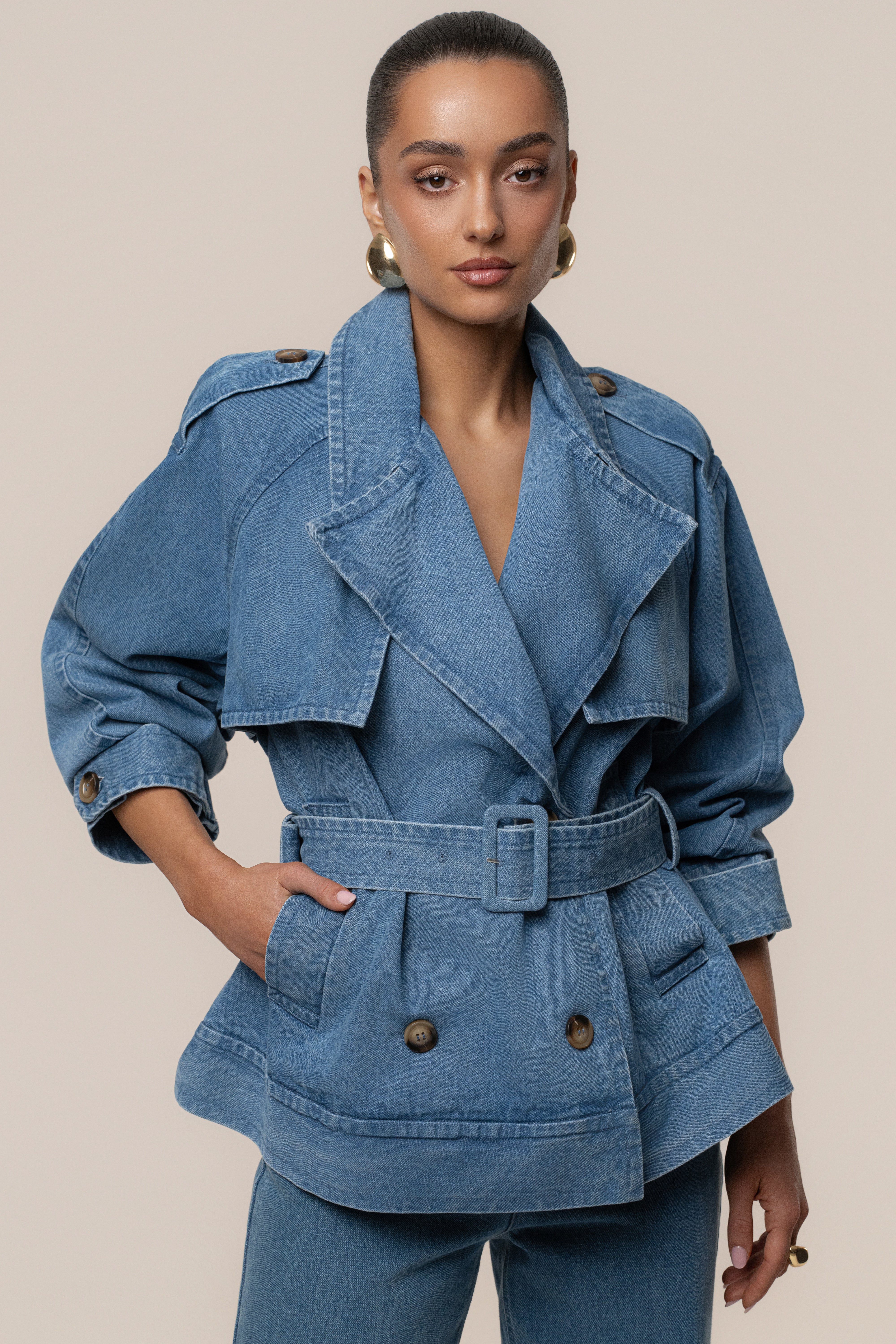 Medium Wash Double Breasted Denim Jacket - JLUXLABEL