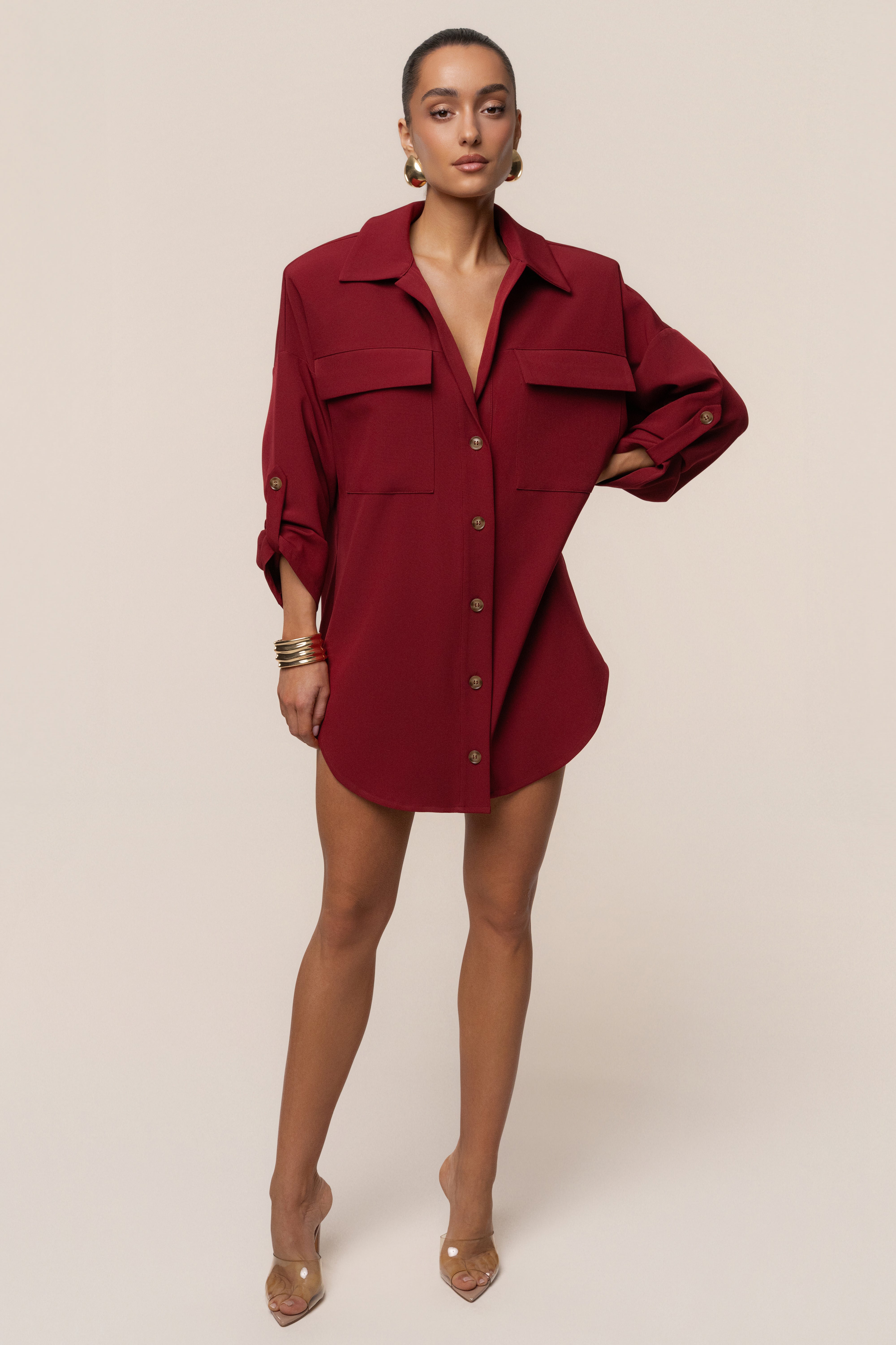 Burgundy Downtime Collared Shirt Dress - JLUXLABEL