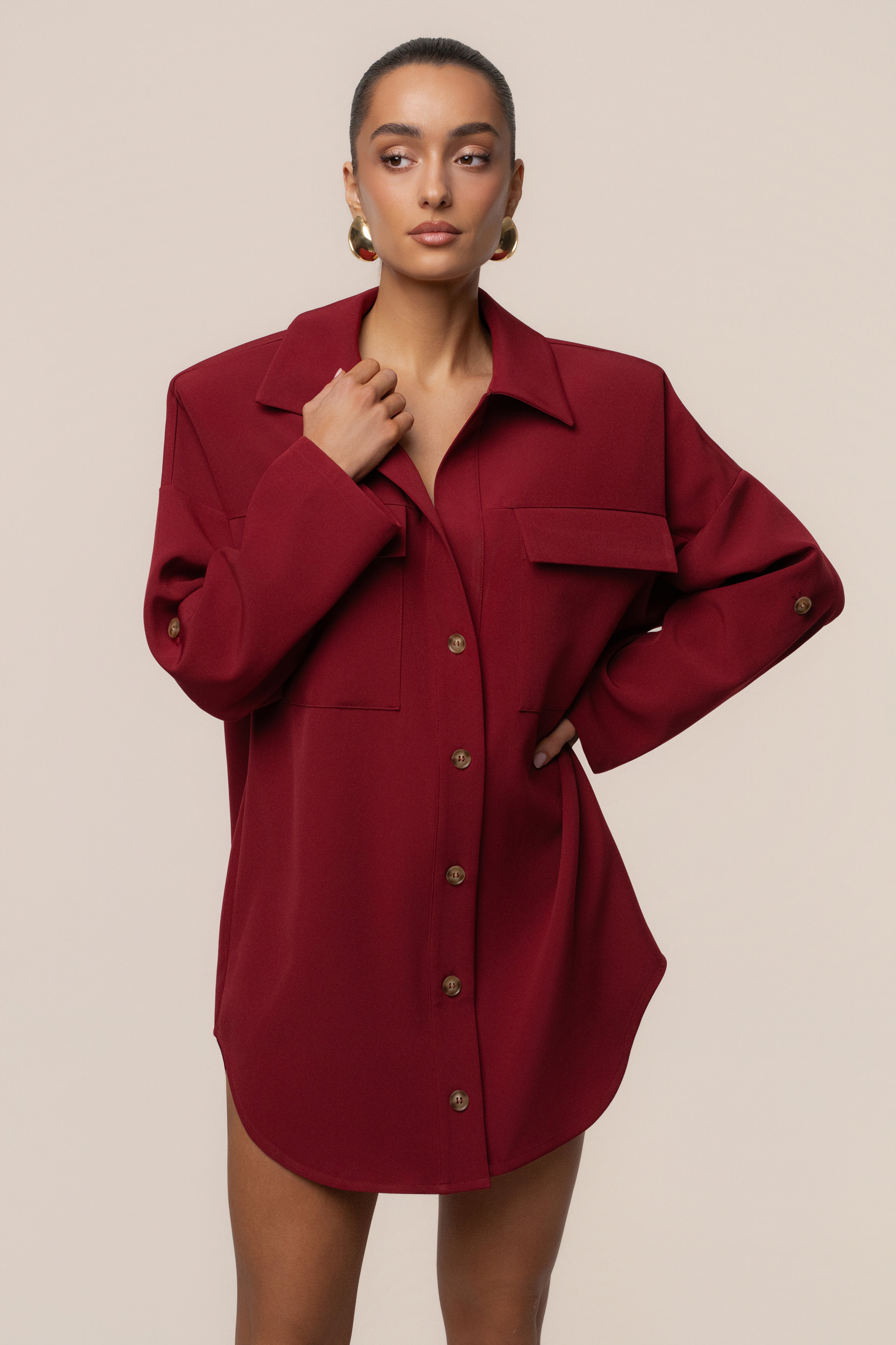 Burgundy Downtime Collared Shirt Dress - JLUXLABEL