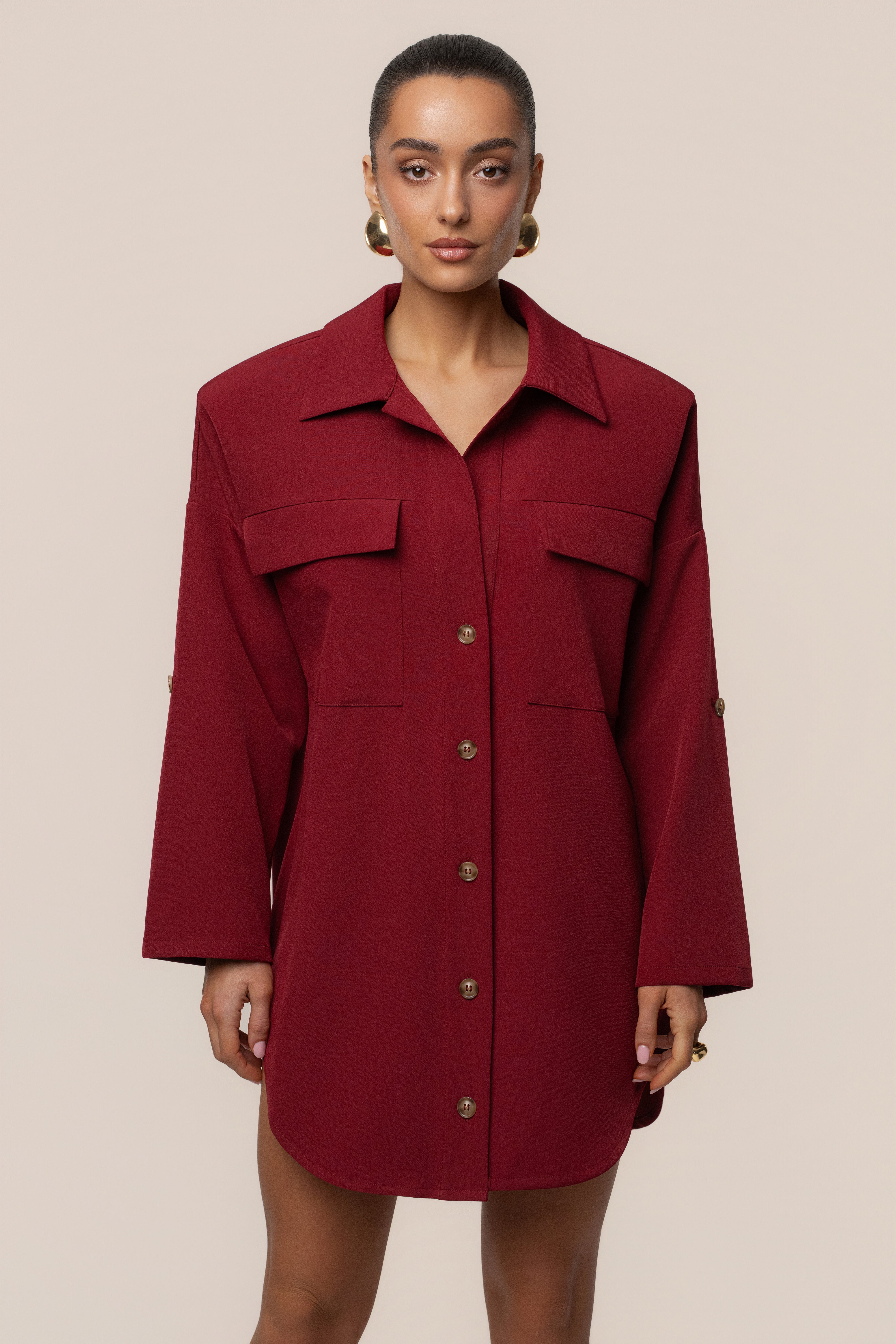 Burgundy Downtime Collared Shirt Dress - JLUXLABEL