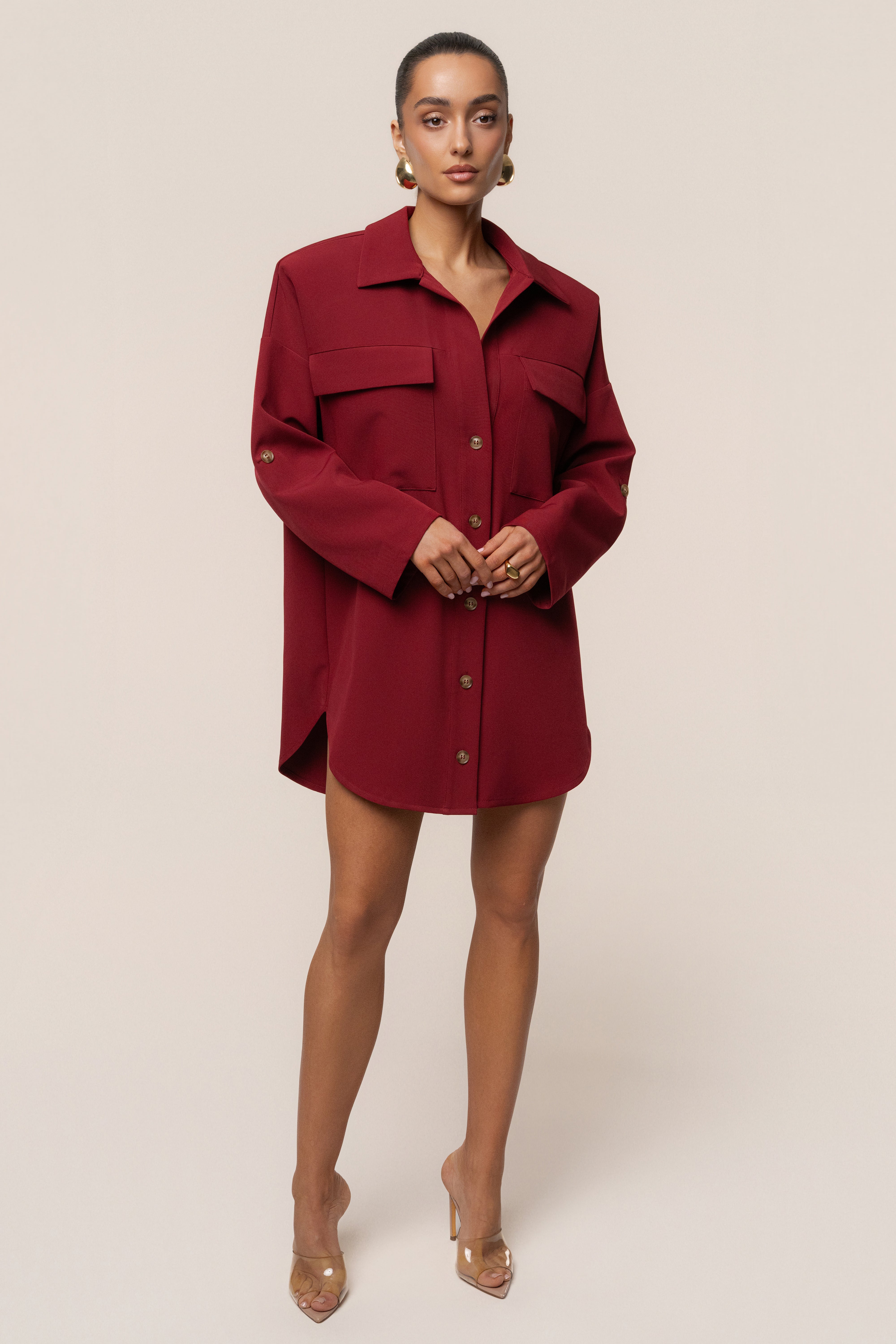 Burgundy Downtime Collared Shirt Dress - JLUXLABEL