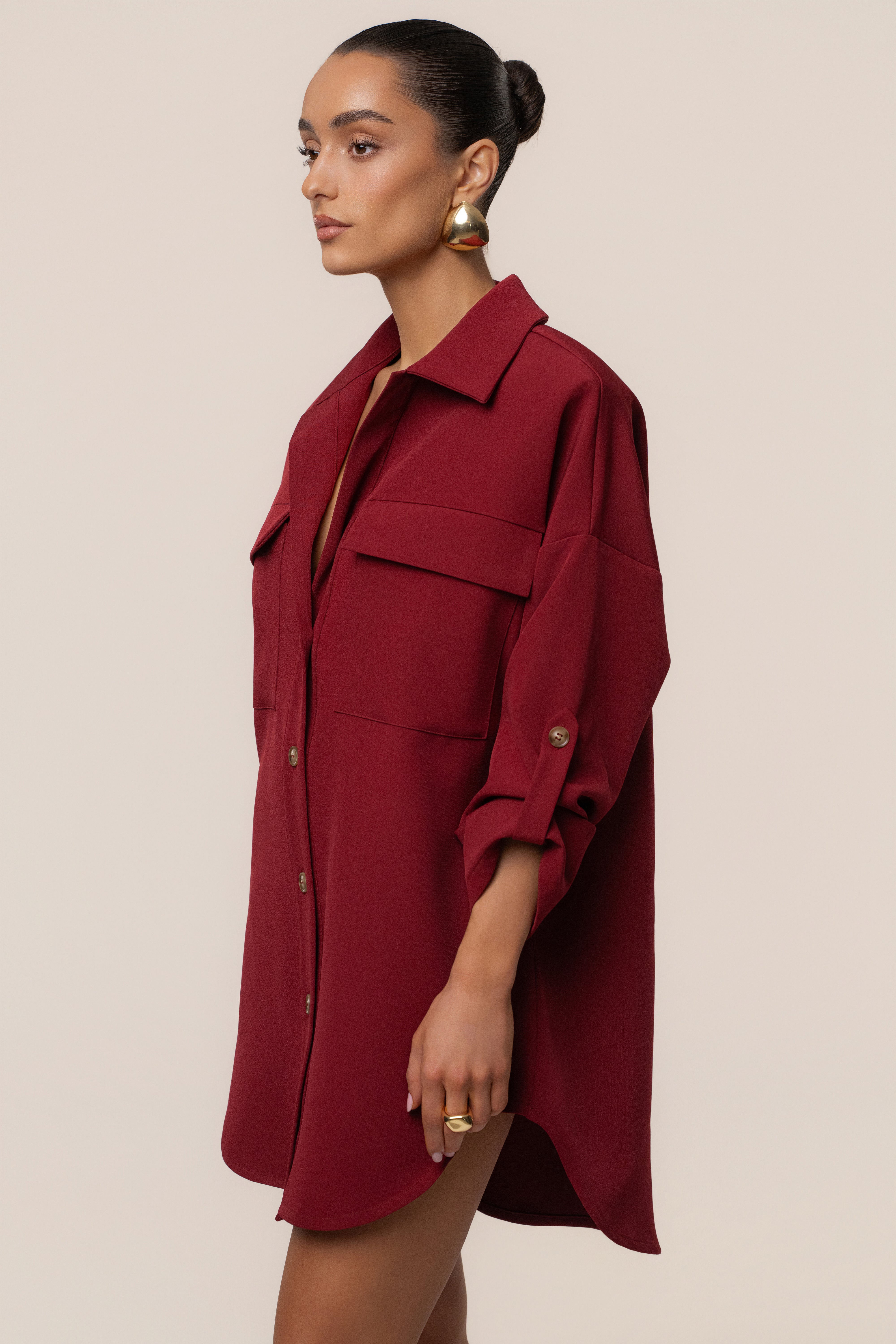 Burgundy Downtime Collared Shirt Dress - JLUXLABEL