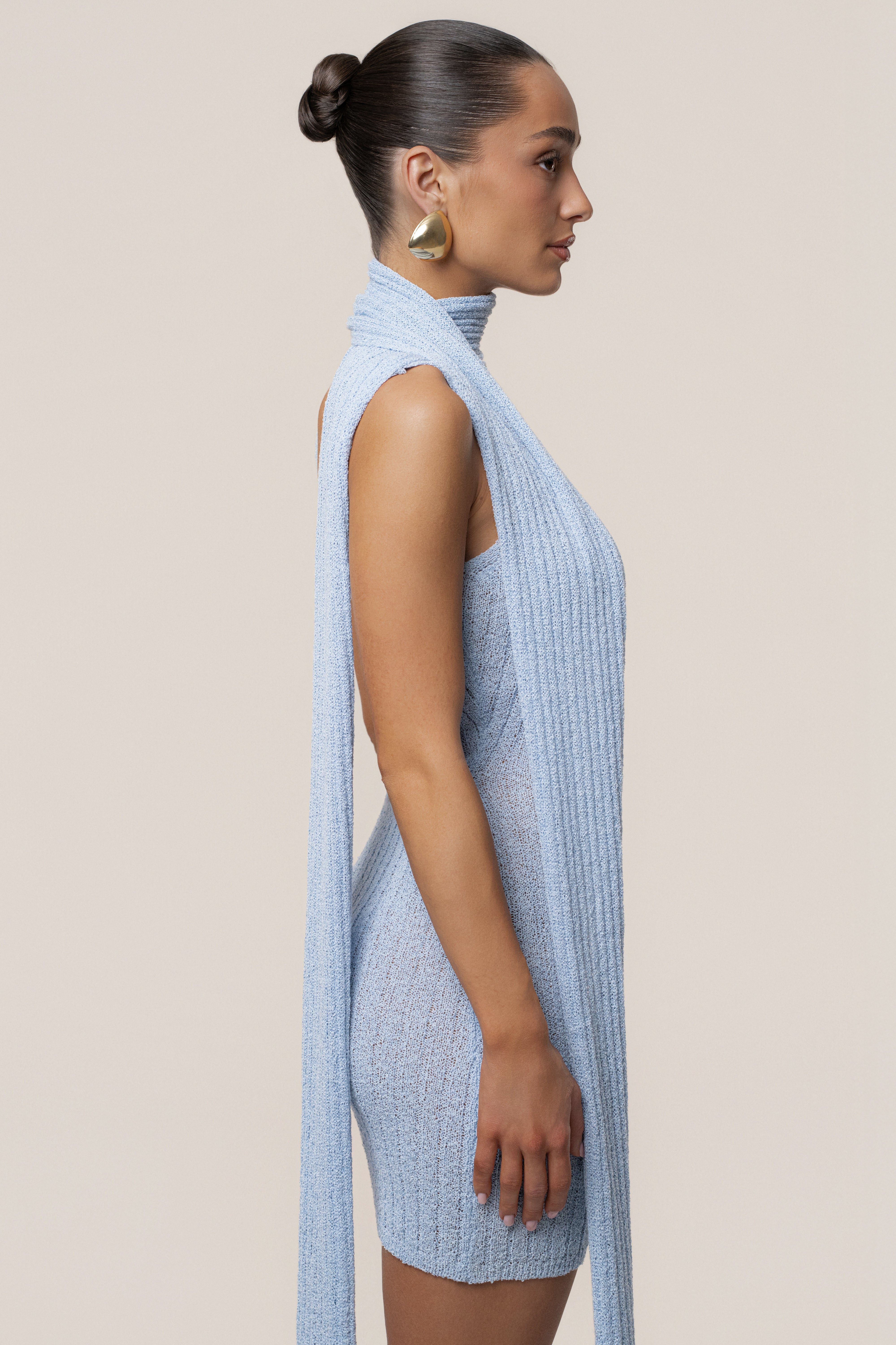 Lt. Blue Ribbed Scarf Mini Dress - JLUXLABEL