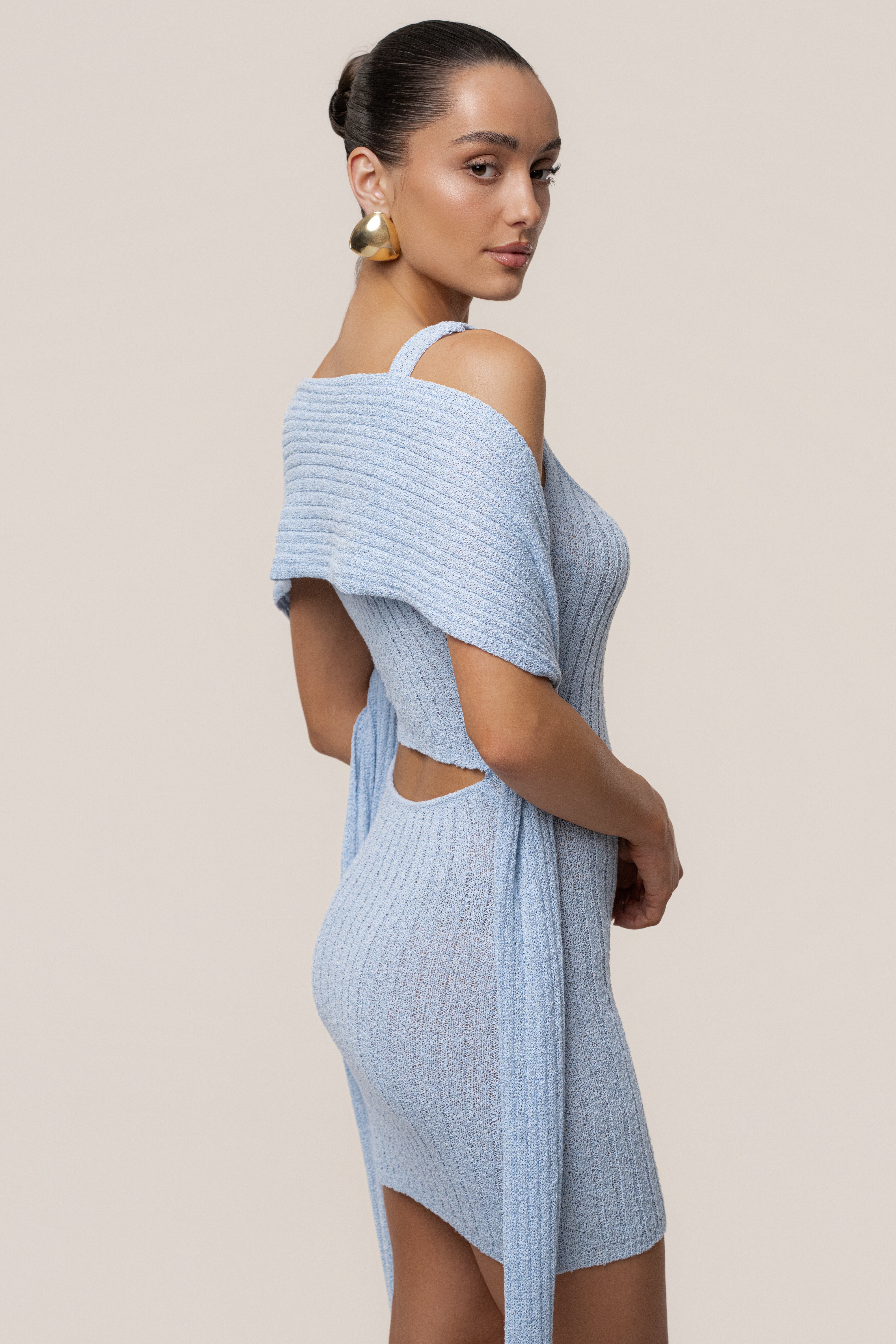 Lt. Blue Ribbed Scarf Mini Dress - JLUXLABEL
