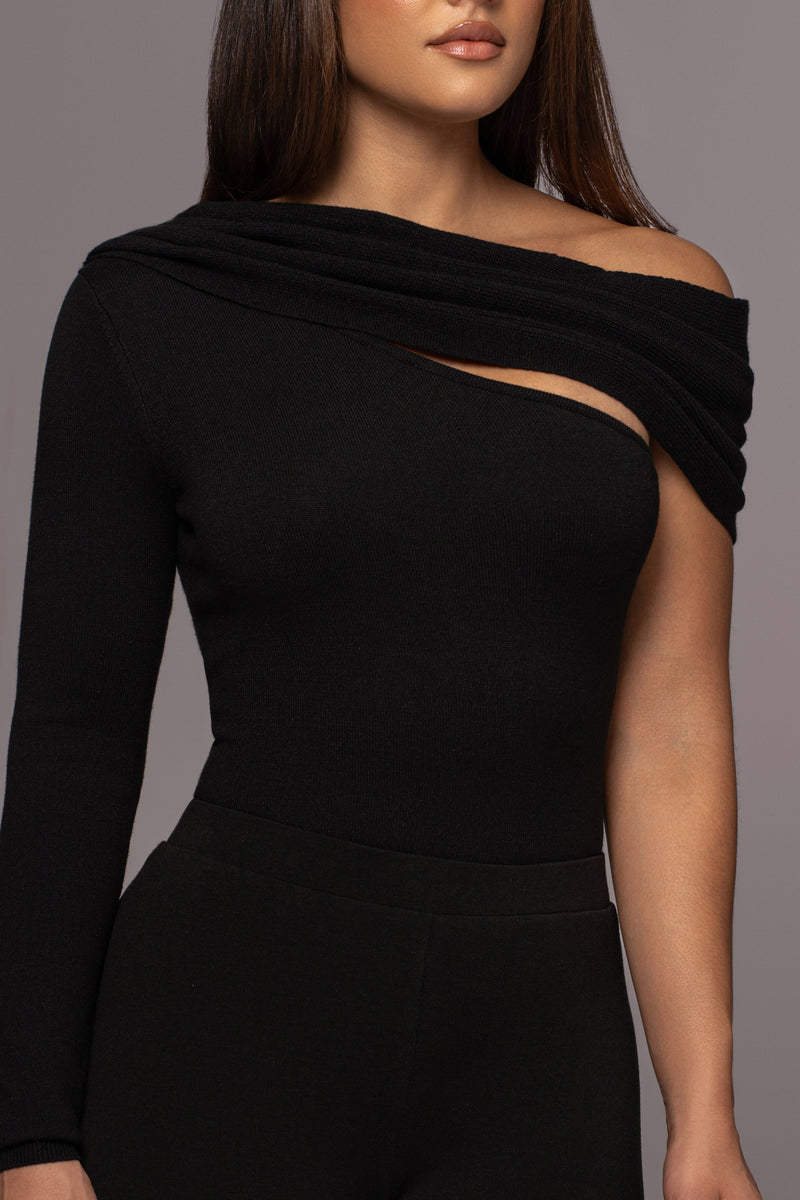 Black Zoie Knit One Shoulder Bodysuit - JLUXLABEL