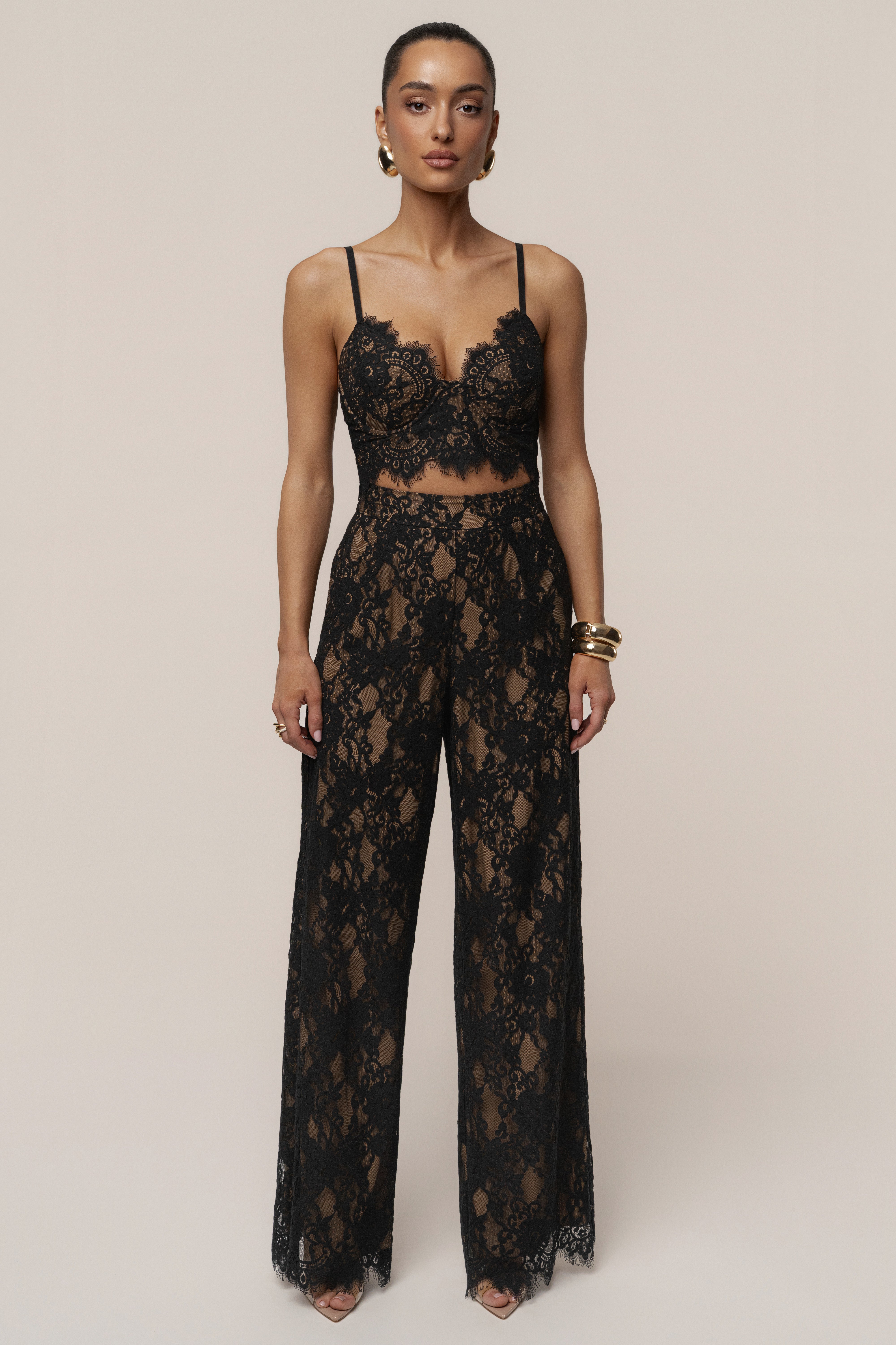 Black Forever Crush Lace Pant from JLUXLABEL, stylish bottoms with intricate lace detailing, perfect for fashionable outfits.