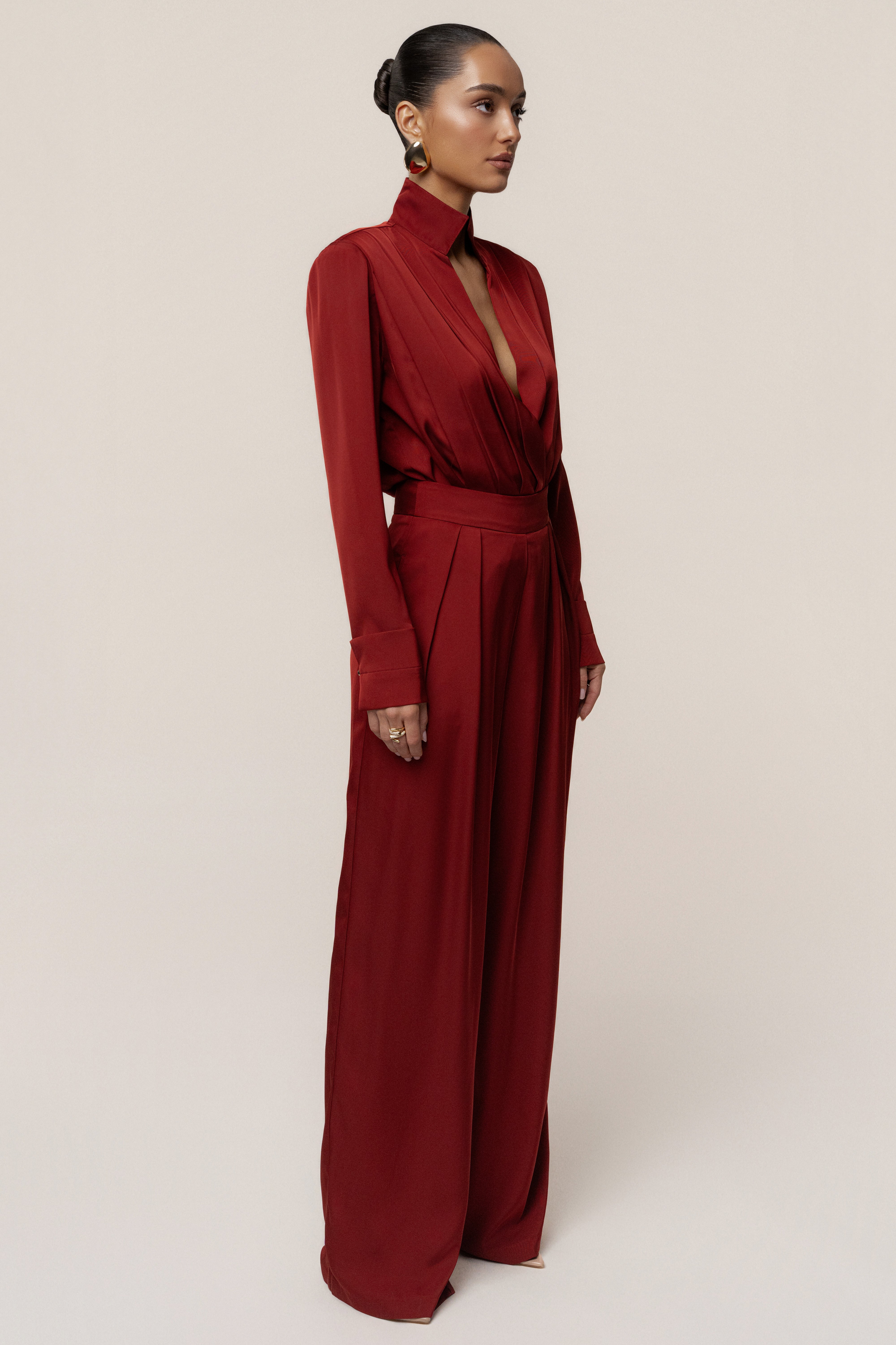 Burgundy Visionary Pleated Bodysuit - JLUXLABEL