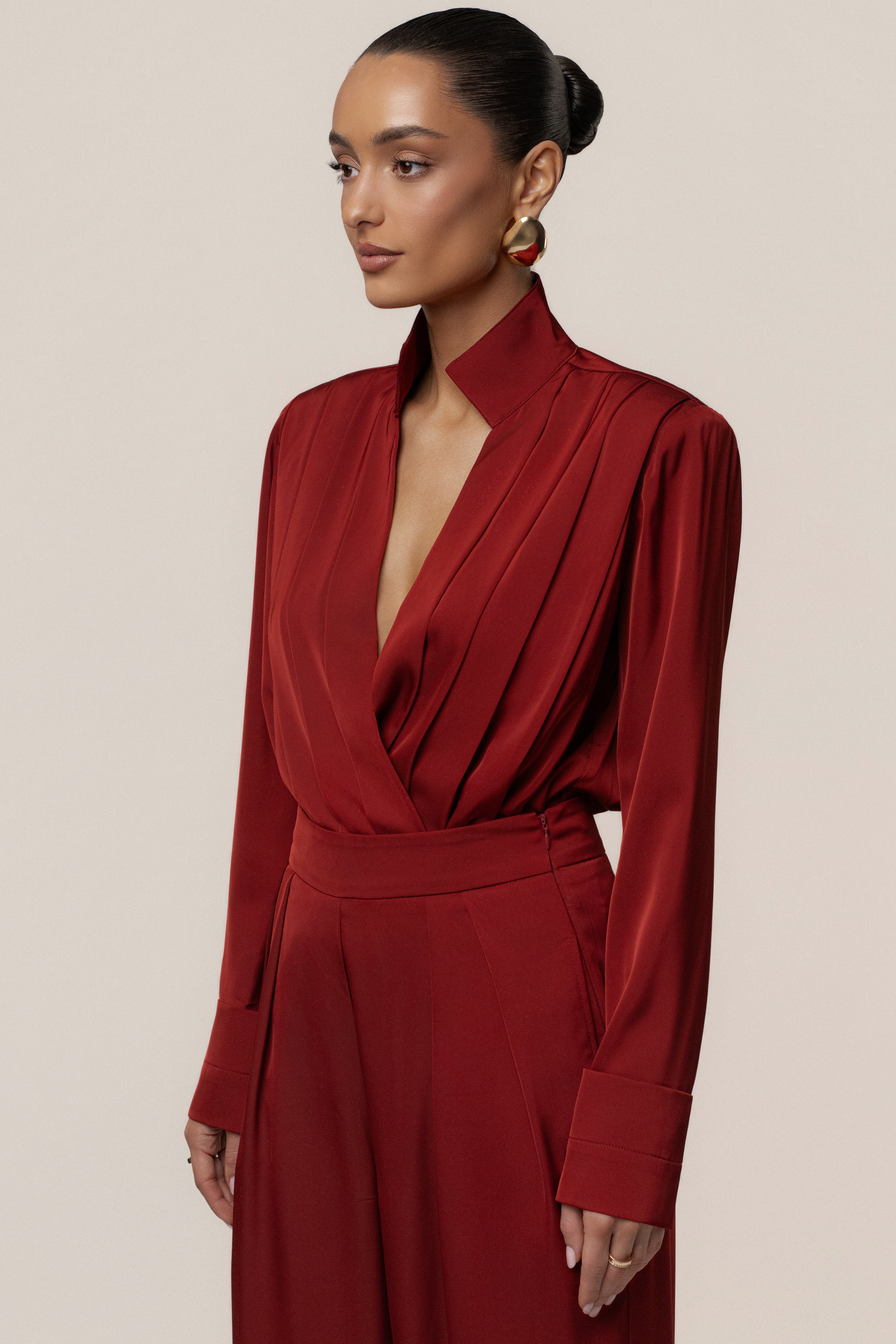 Burgundy Visionary Pleated Bodysuit - JLUXLABEL
