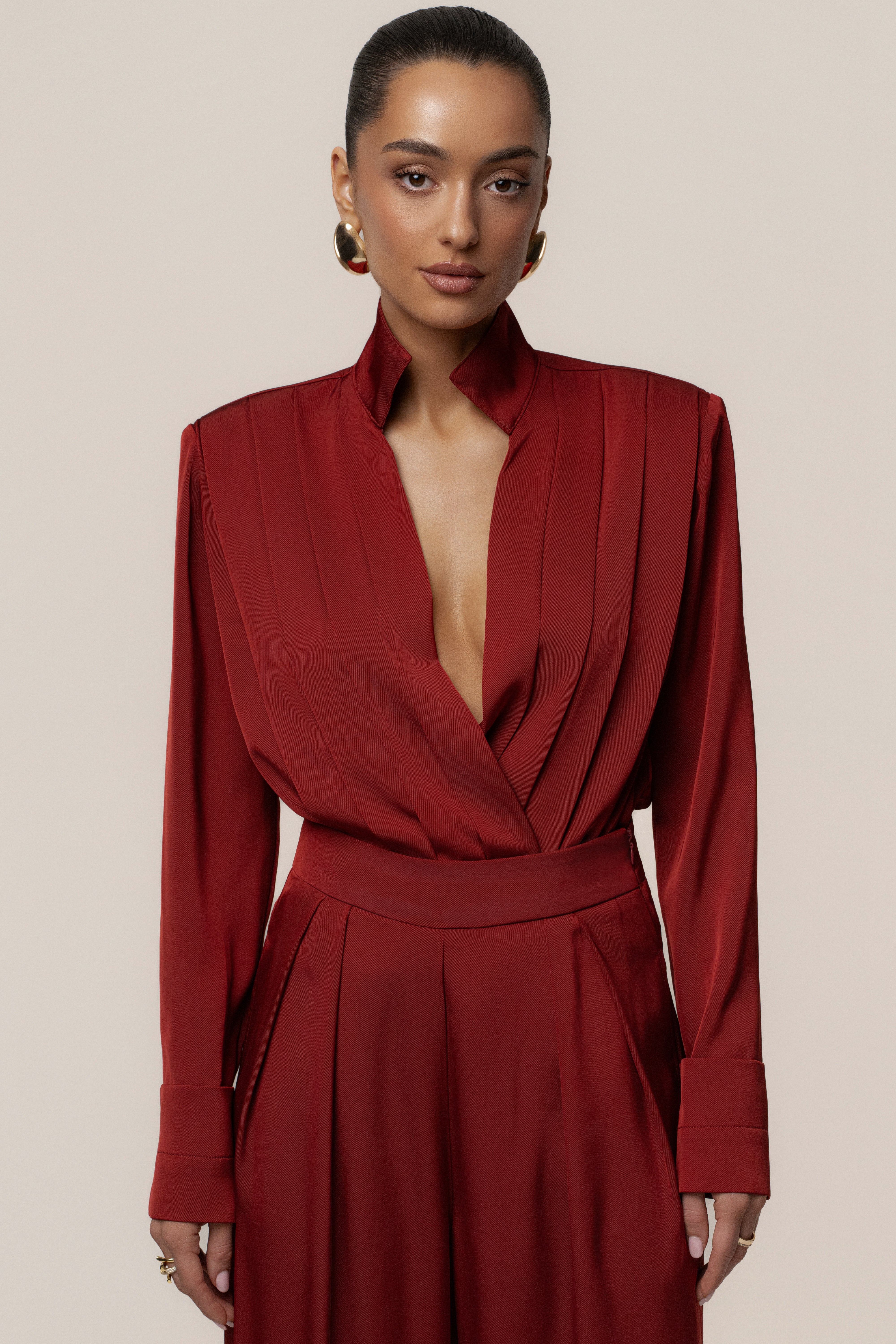 Burgundy Visionary Pleated Bodysuit - JLUXLABEL