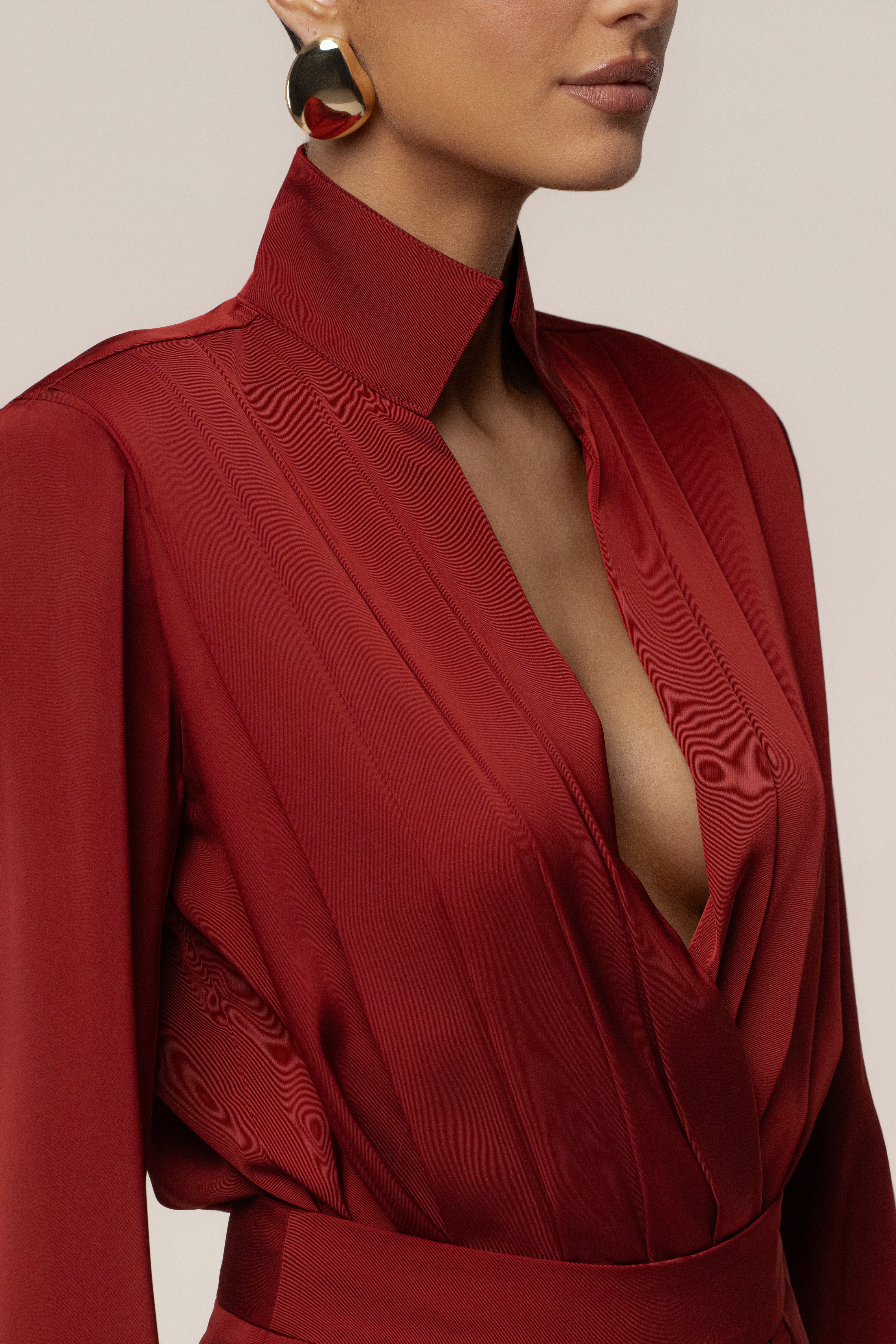 Burgundy Visionary Pleated Bodysuit - JLUXLABEL