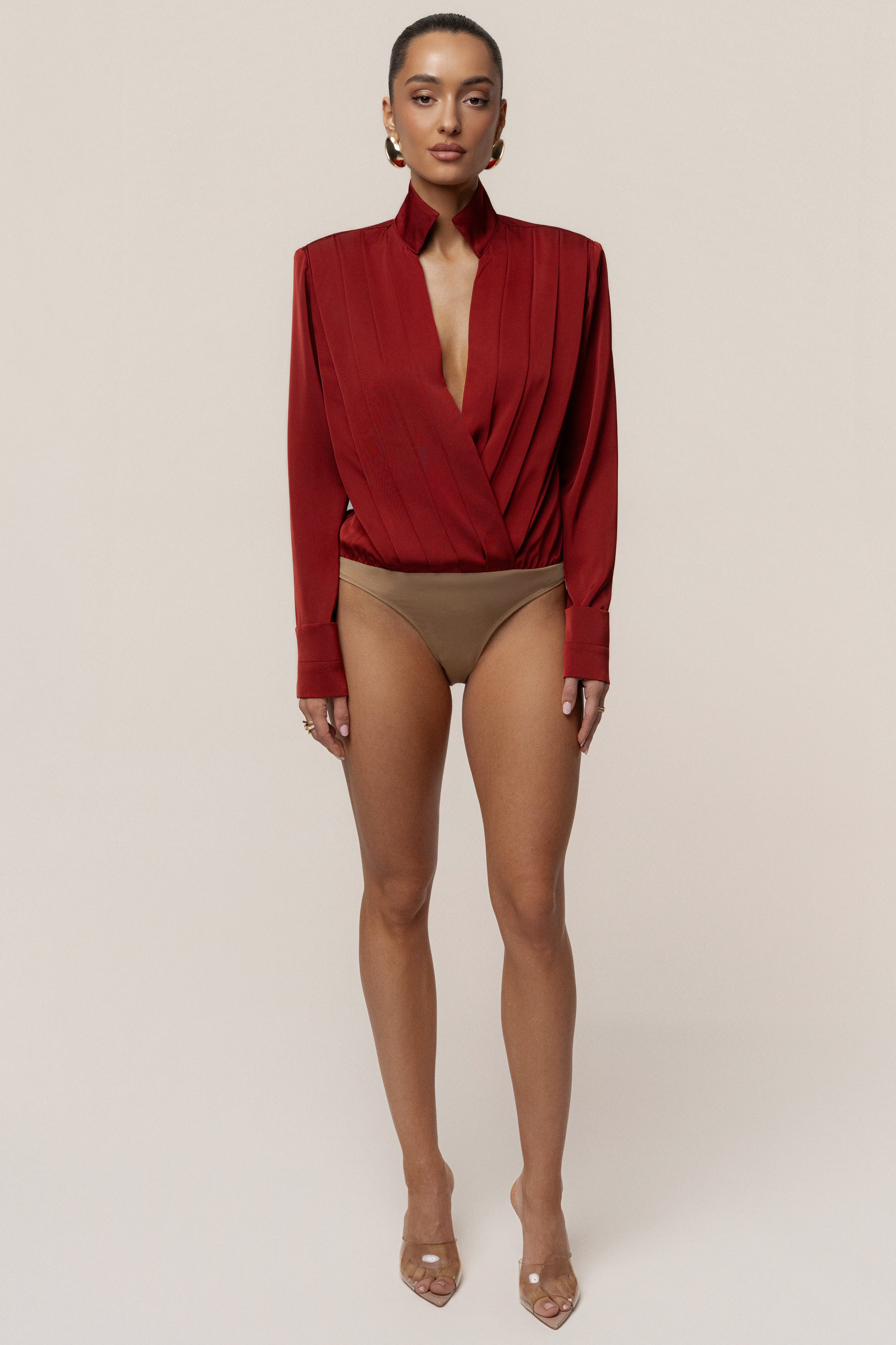 Burgundy Visionary Pleated Bodysuit - JLUXLABEL