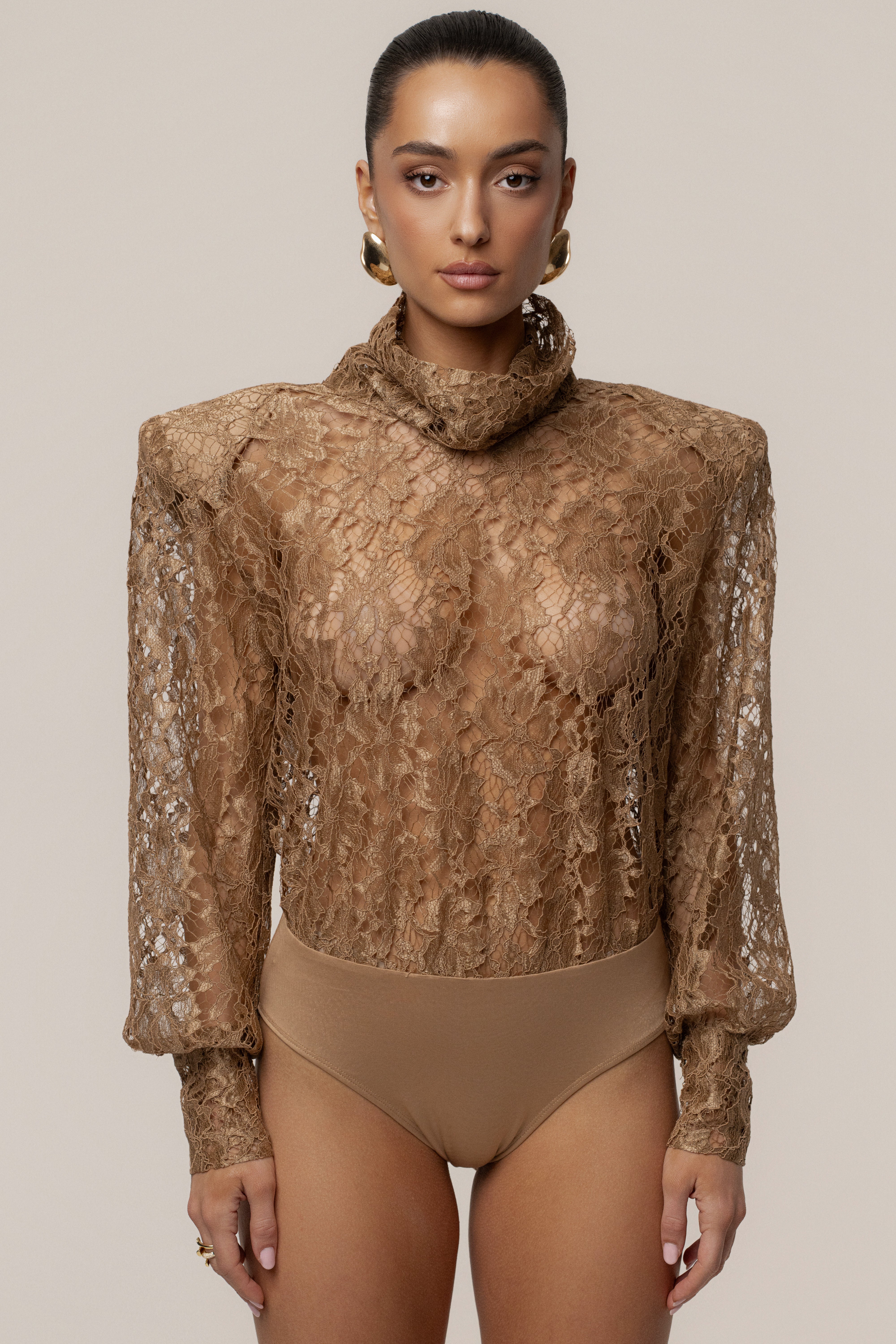 Beige Devotion Lace Bodysuit & Skirt Set