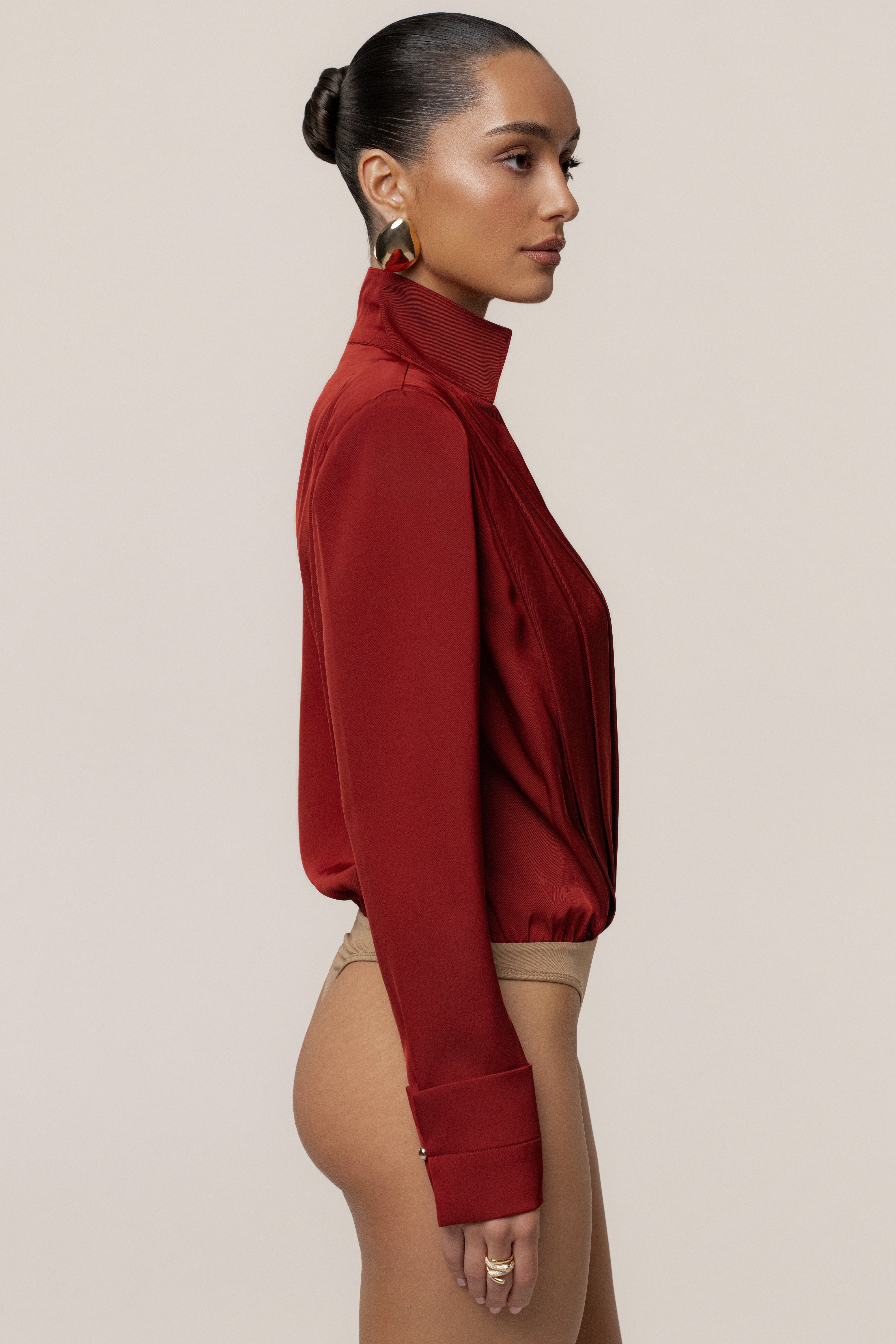 Burgundy Visionary Pleated Bodysuit - JLUXLABEL