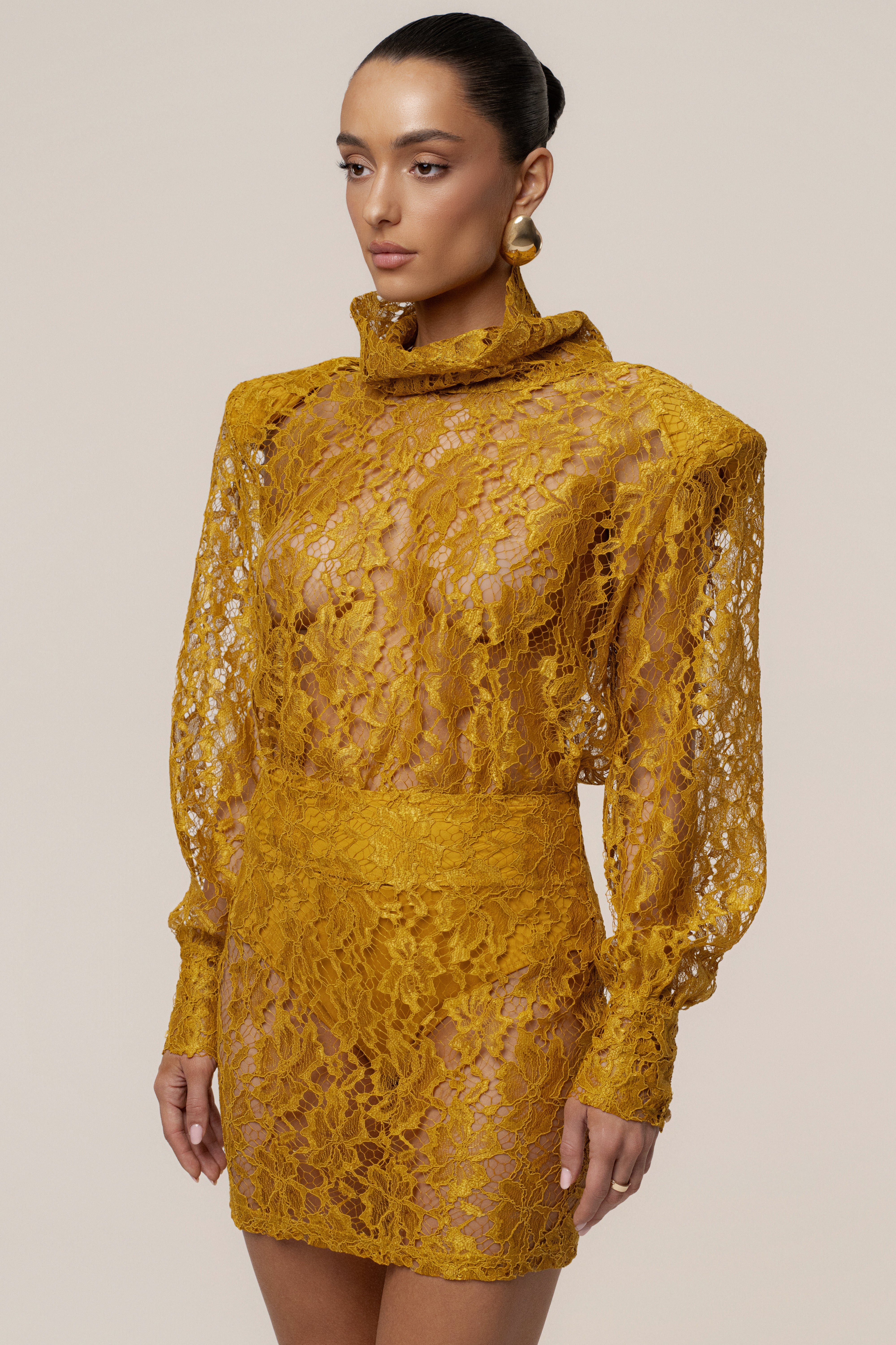 PRE-ORDER Mustard Devotion Lace Bodysuit & Skirt Set