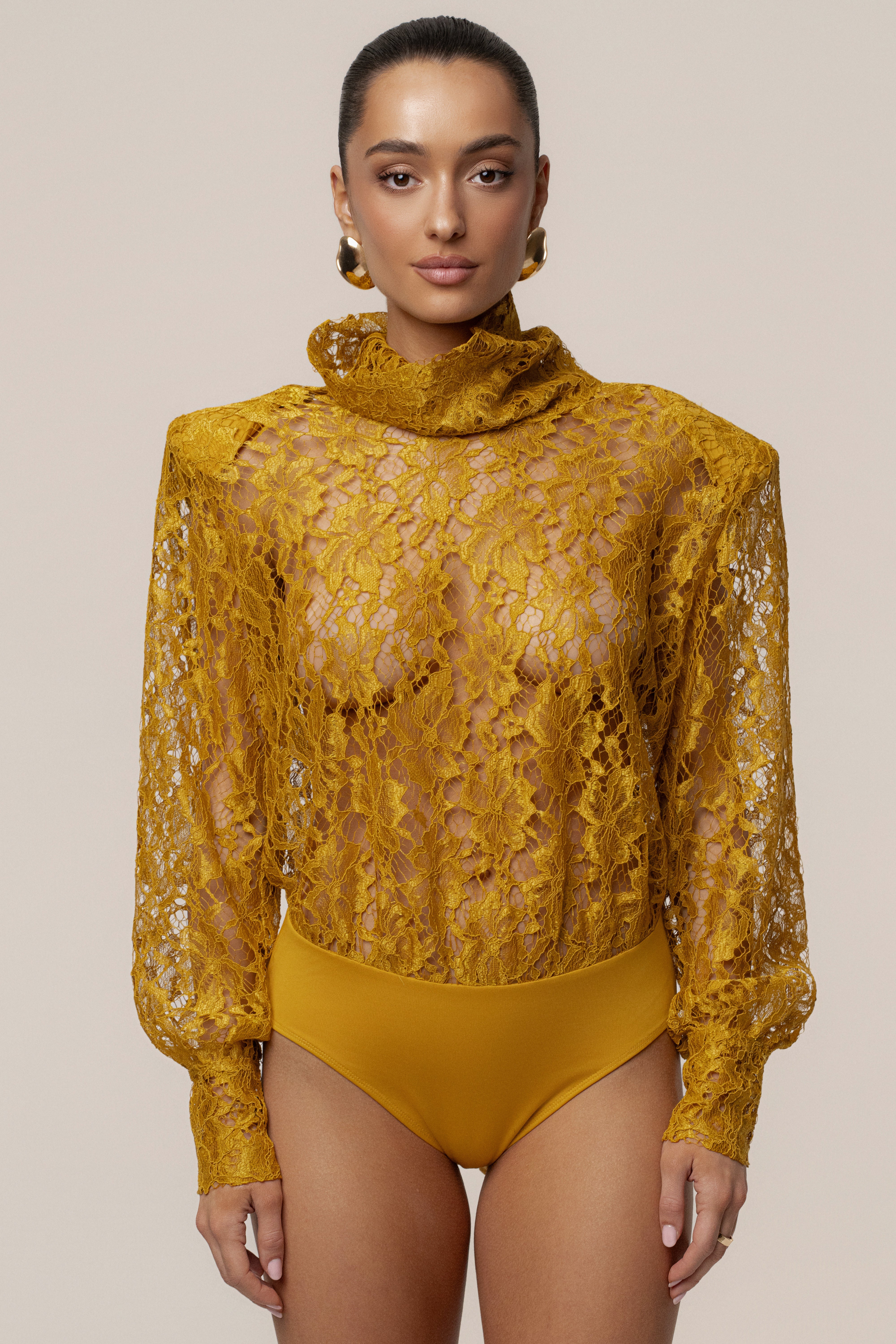 PRE-ORDER Mustard Devotion Lace Bodysuit & Skirt Set