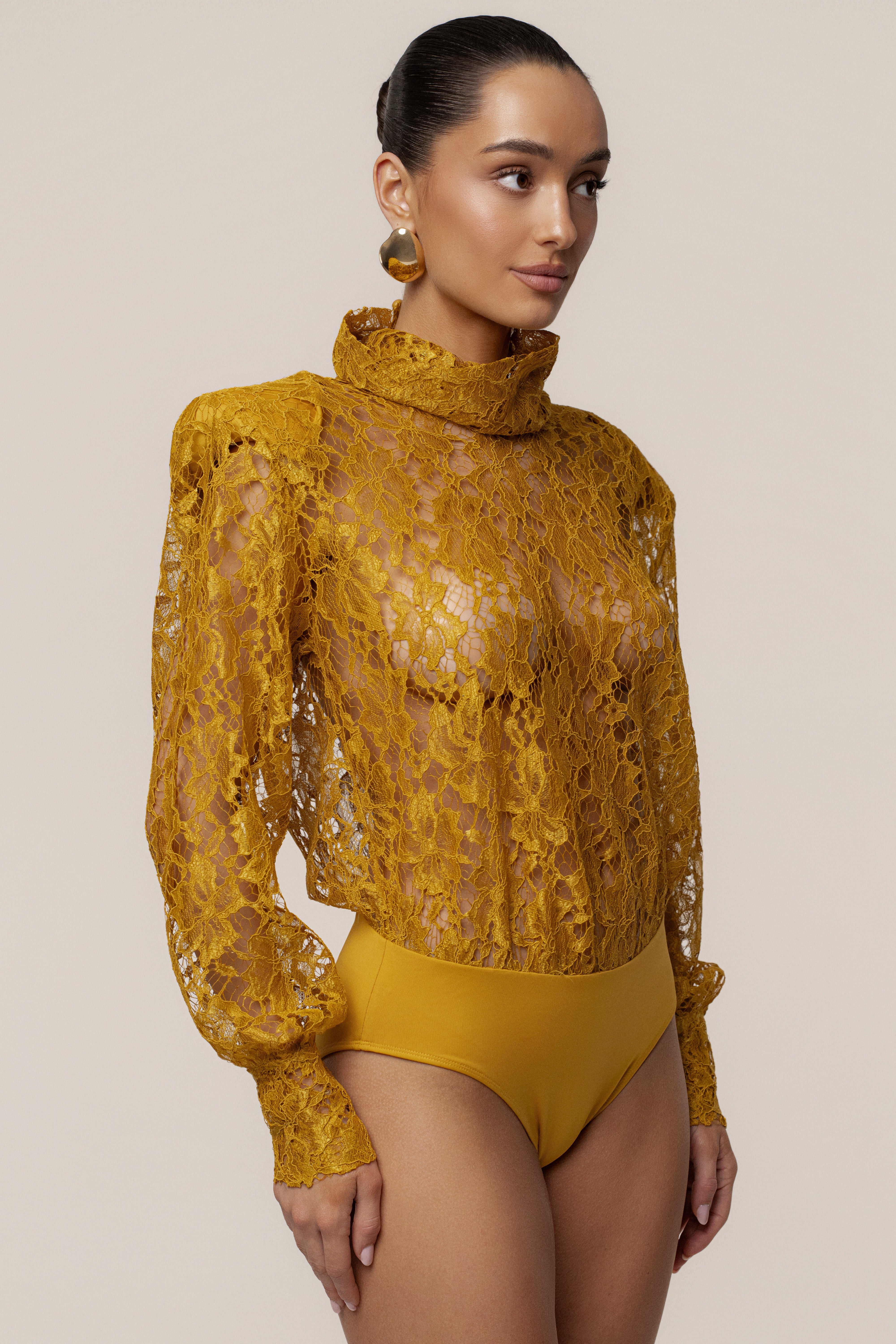 Mustard Devotion Lace Bodysuit & Skirt Set