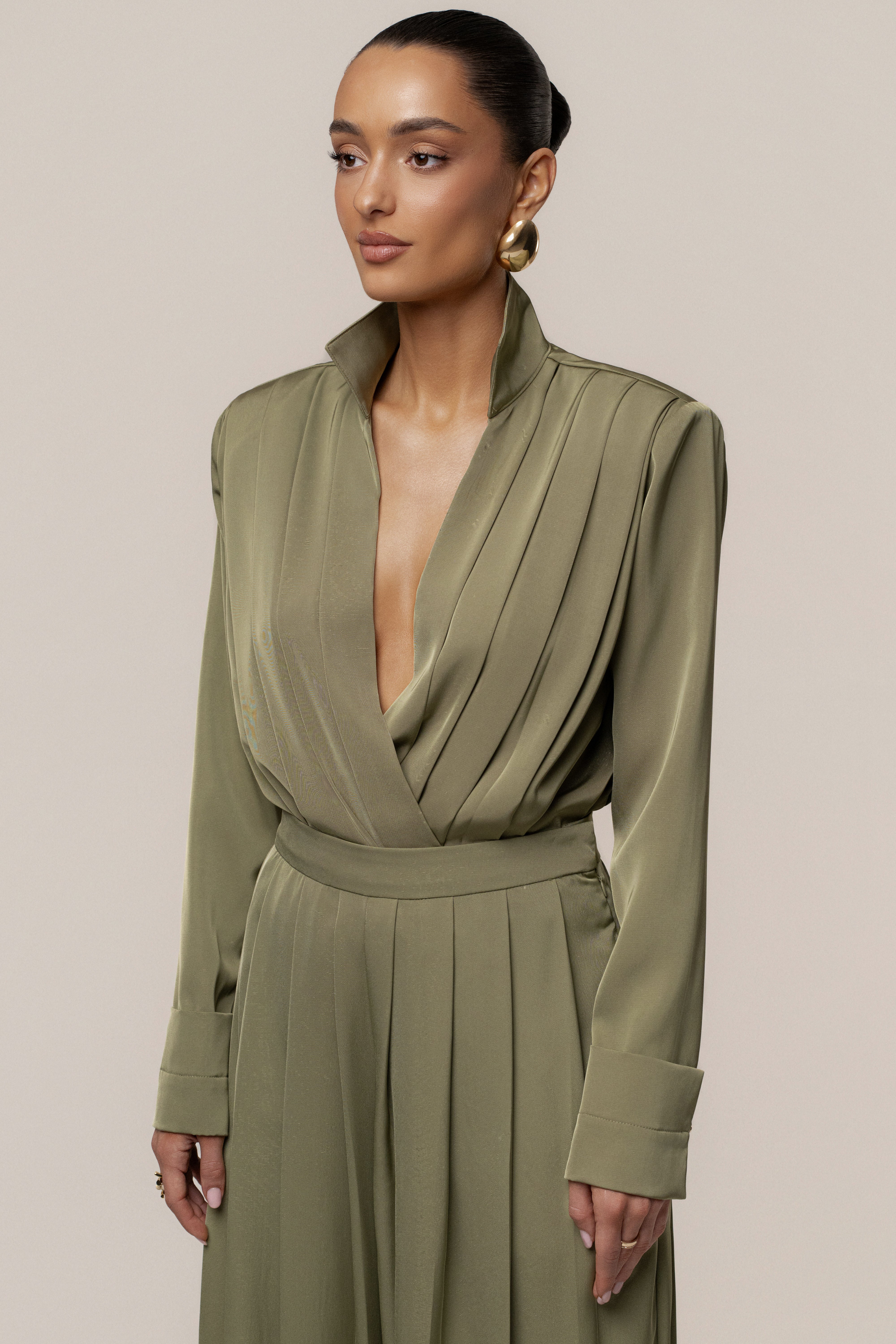 Olive Visionary Pleated Bodysuit - JLUXLABEL