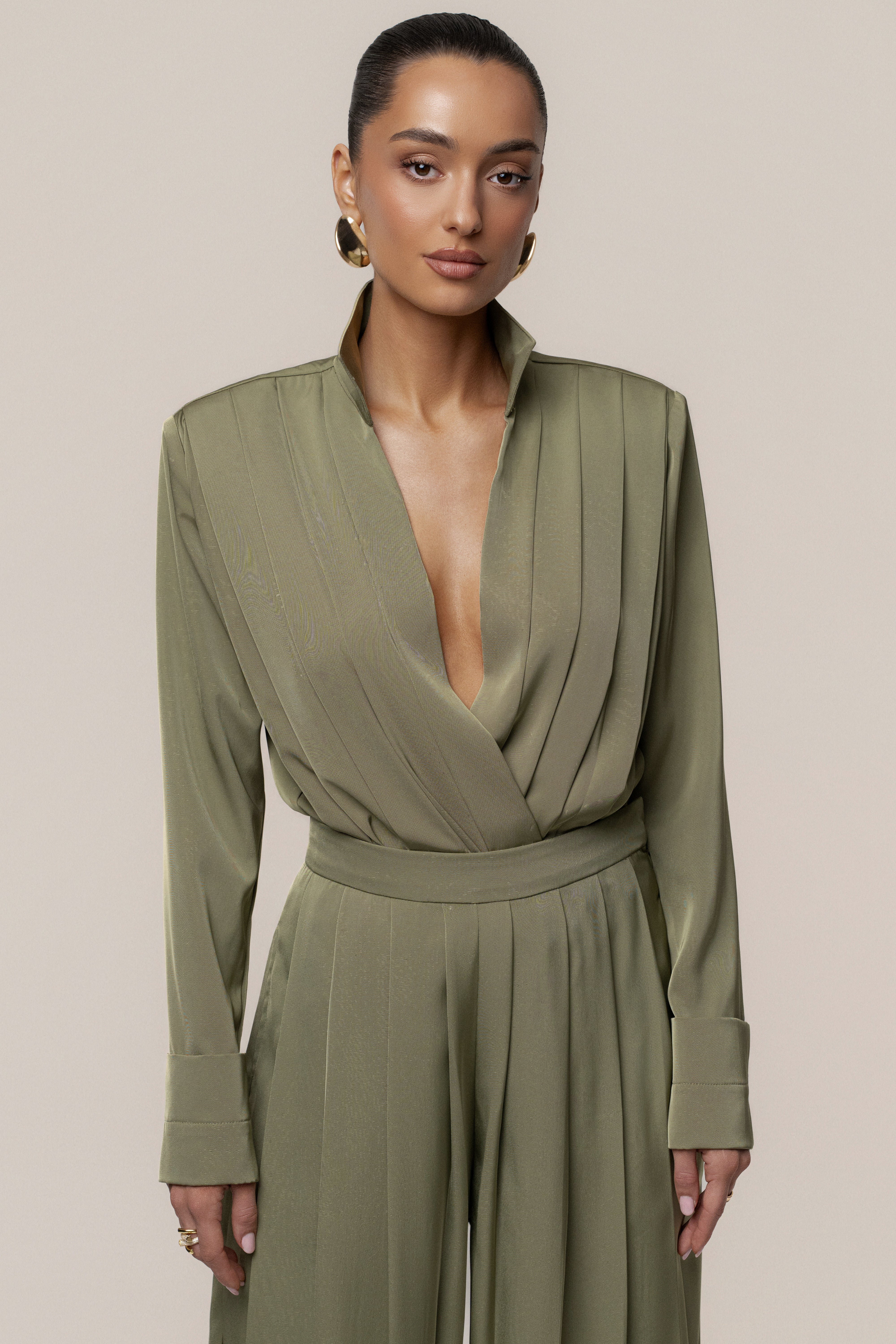 Olive Visionary Pleated Bodysuit - JLUXLABEL