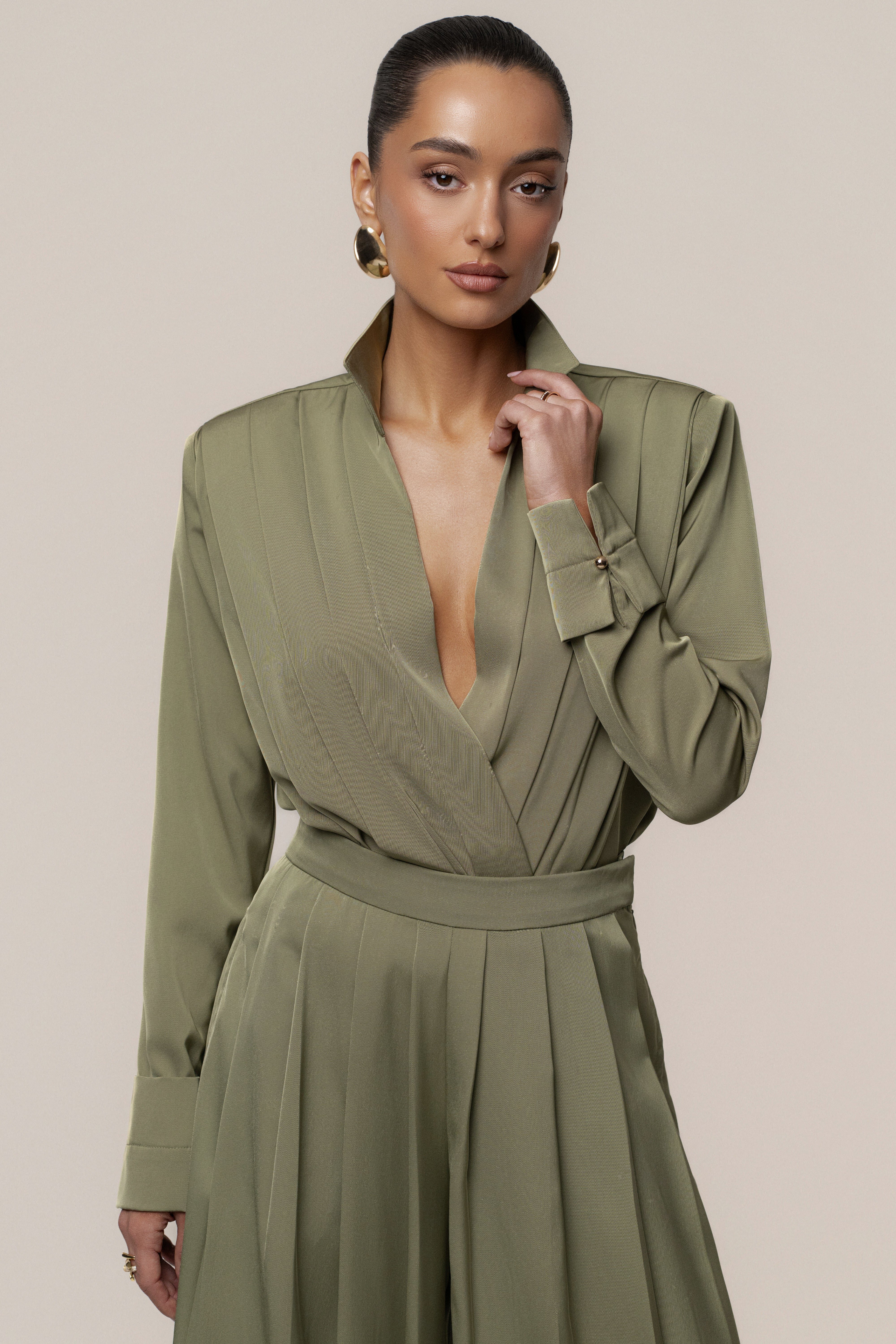 Olive Visionary Pleated Bodysuit - JLUXLABEL