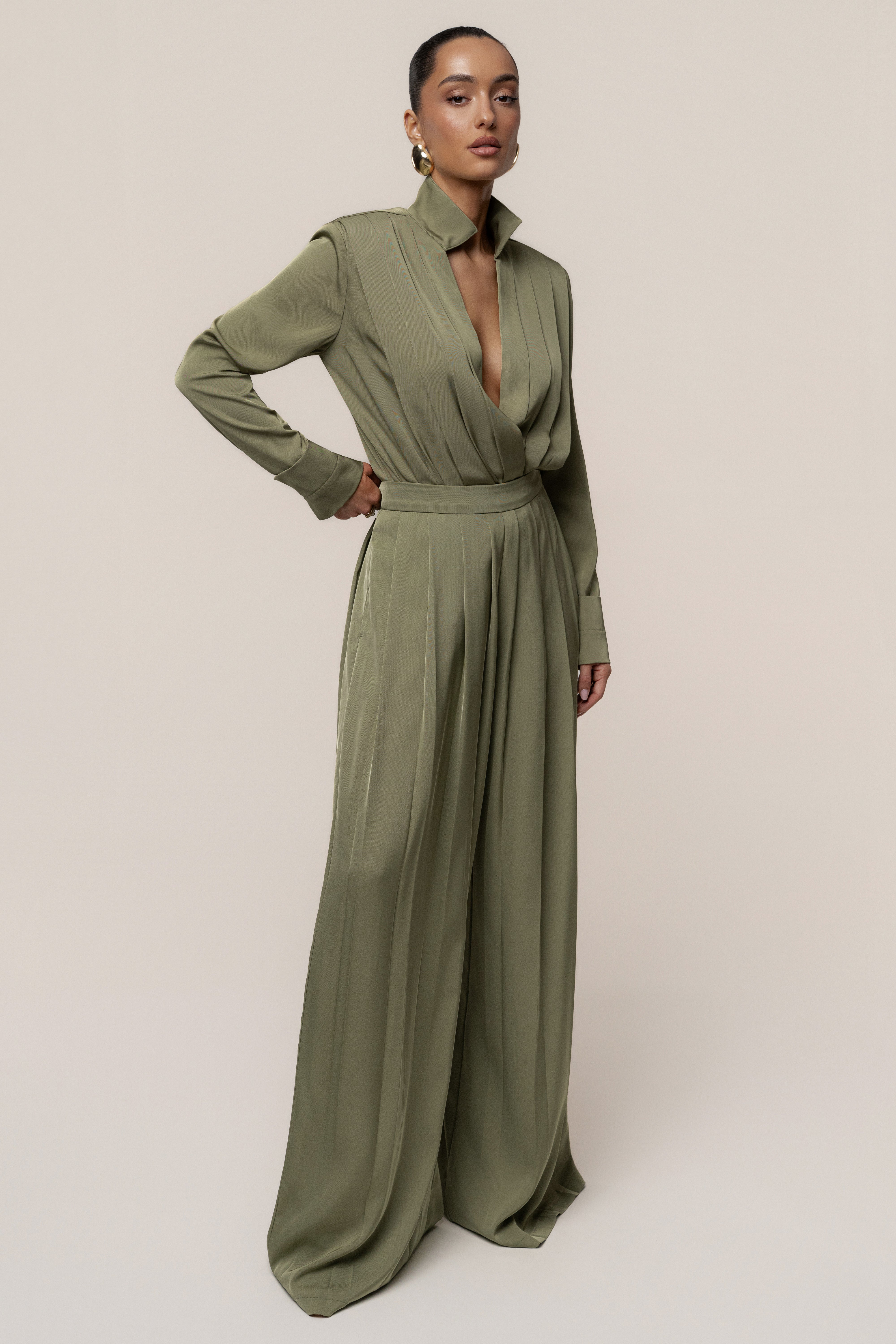 Olive Visionary Pleated Bodysuit - JLUXLABEL