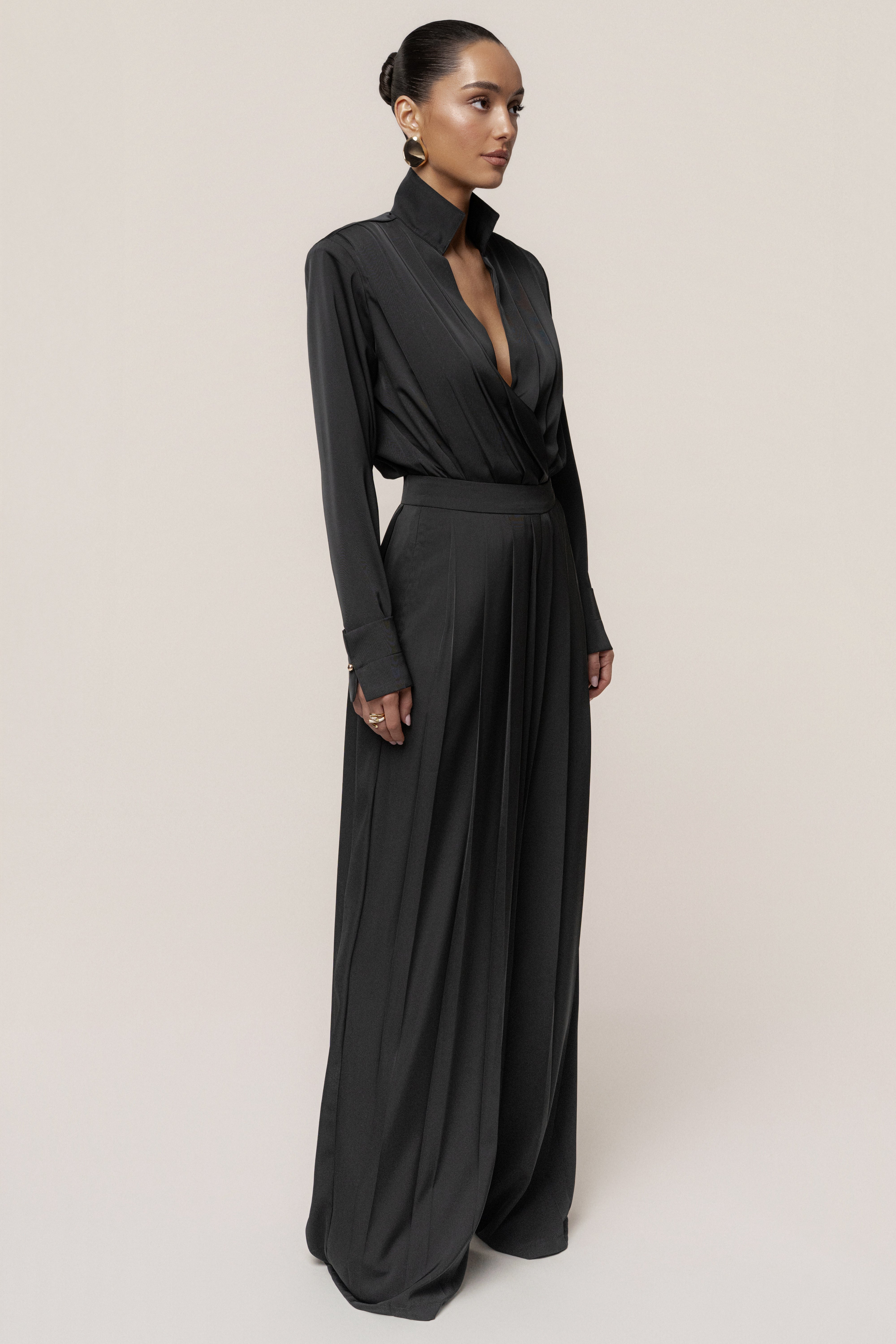 Black Visionary Pleated Bodysuit - JLUXLABEL