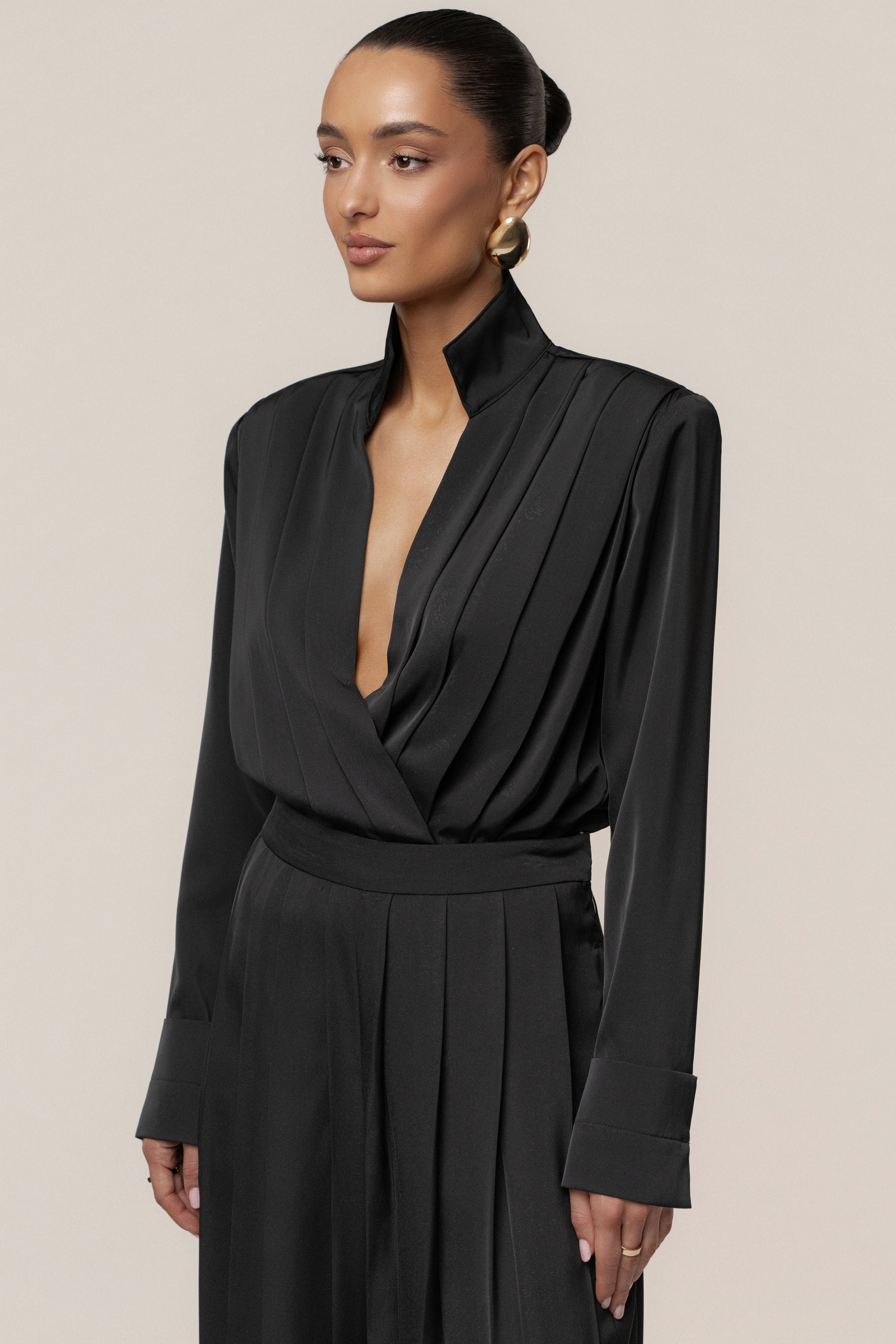 Black Visionary Pleated Bodysuit - JLUXLABEL