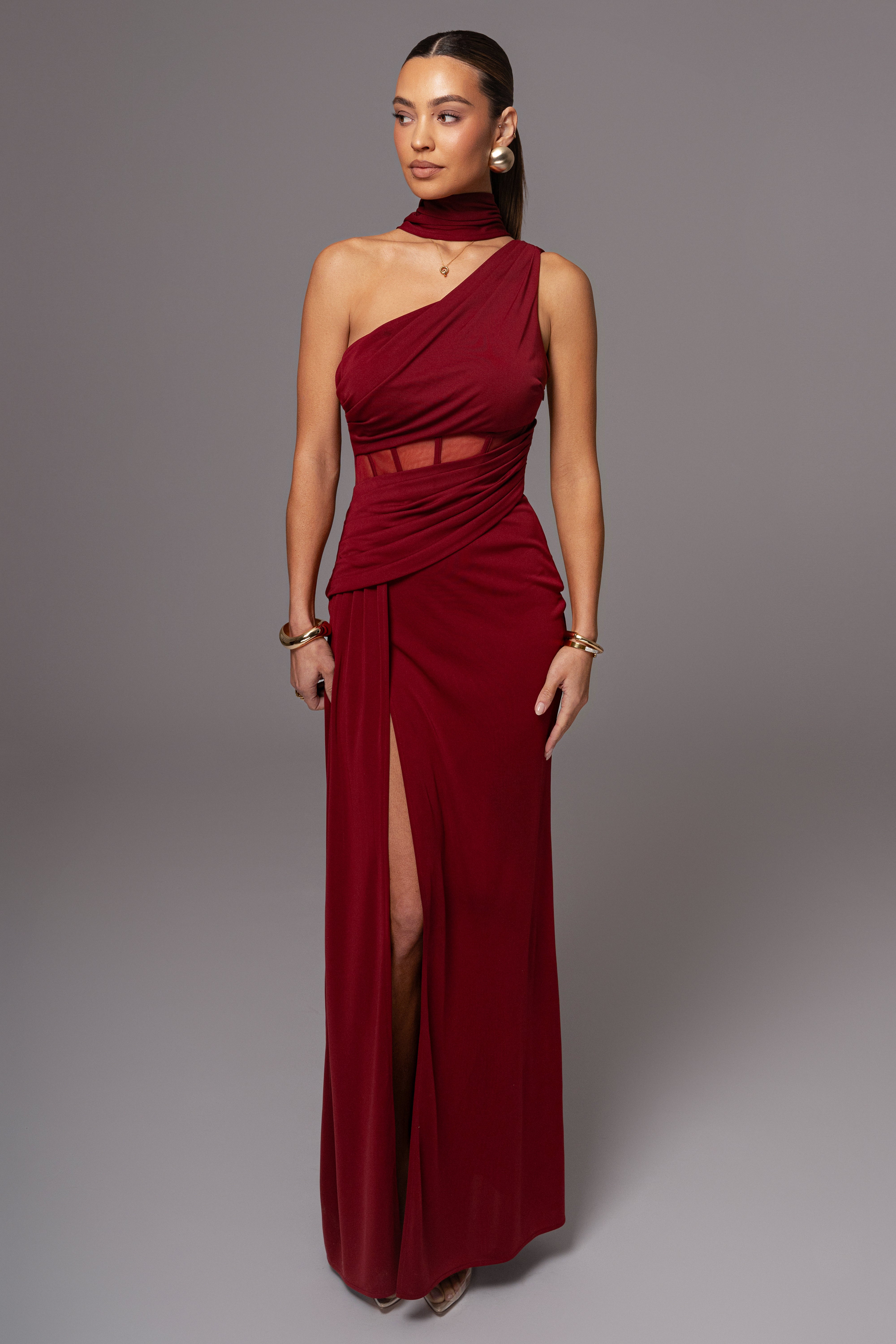 Burgundy Naida Drape Maxi Dress