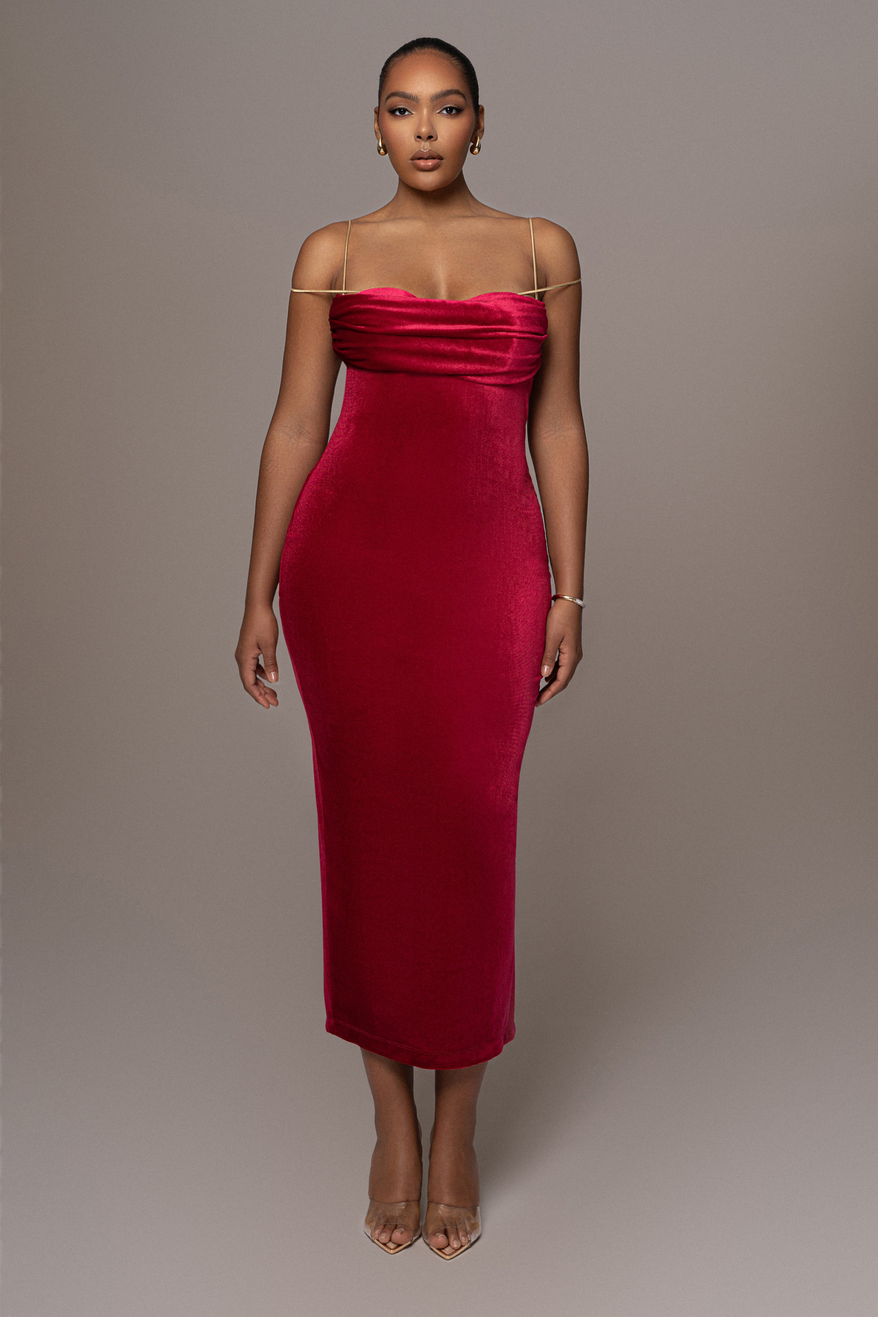 Red JOSANNA VELVET MIDI DRESS - JLUXLABEL