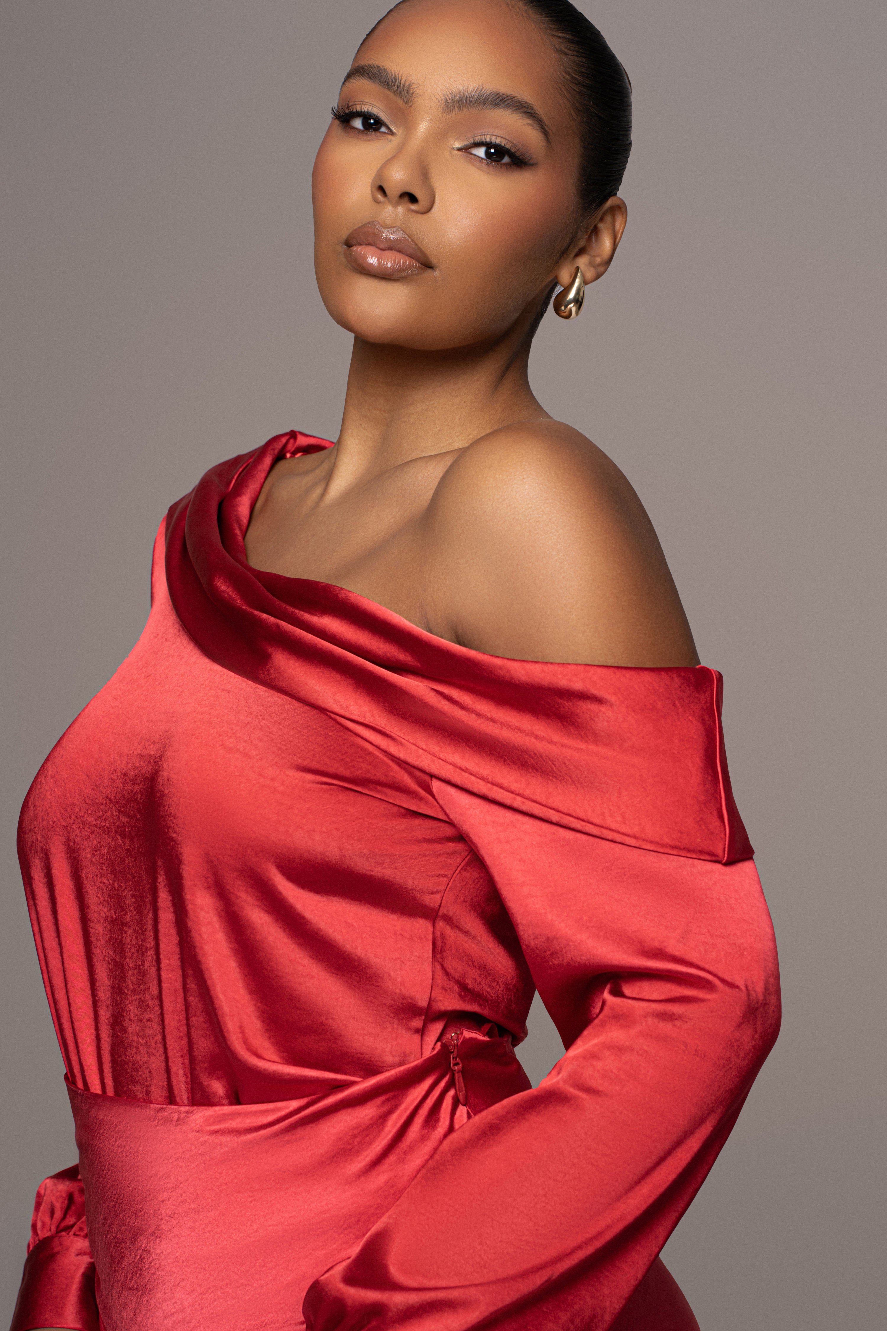 Red Satin Rima Asymmetrical Bodysuit - JLUXLABEL