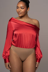 Red Satin Rima Asymmetrical Bodysuit - JLUXLABEL