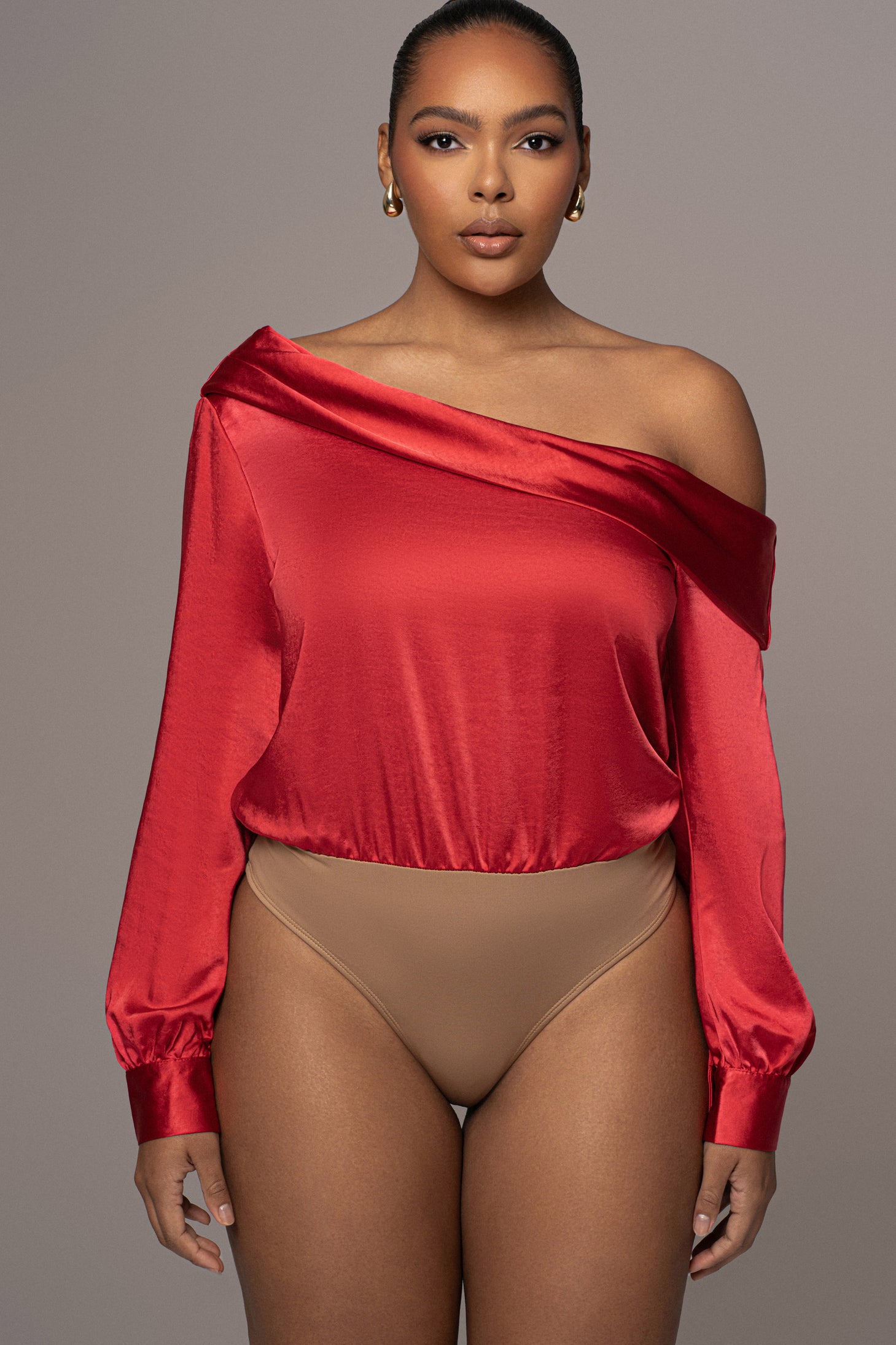 Red Satin Rima Asymmetrical Bodysuit - JLUXLABEL