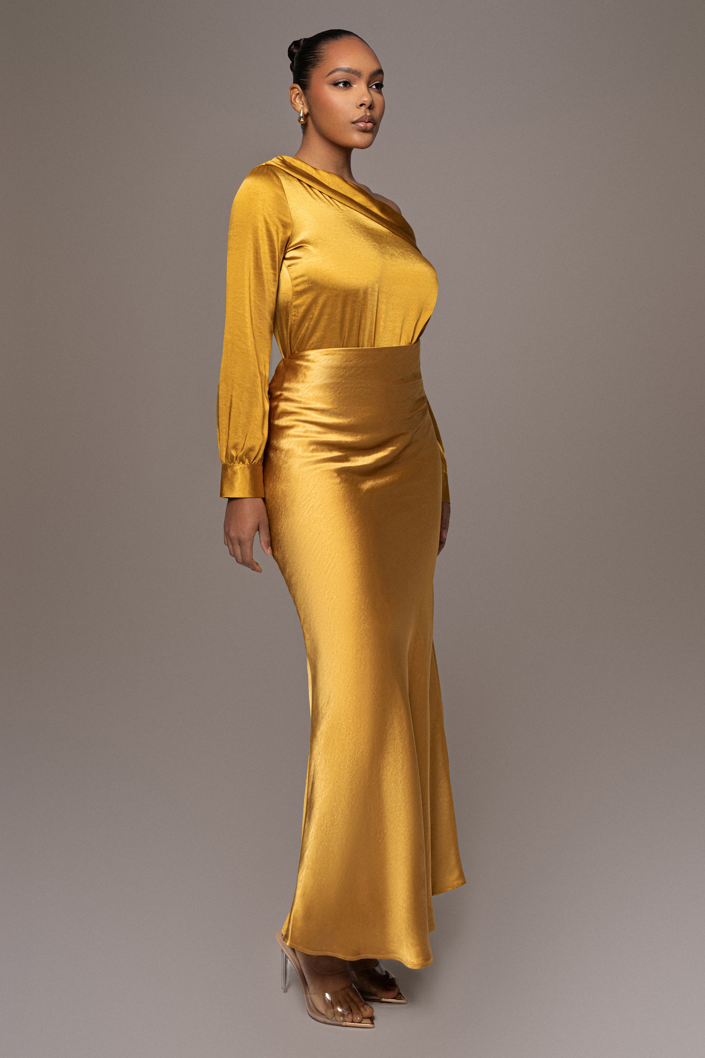 Yellow Satin Rima Asymmetrical Bodysuit - JLUXLABEL