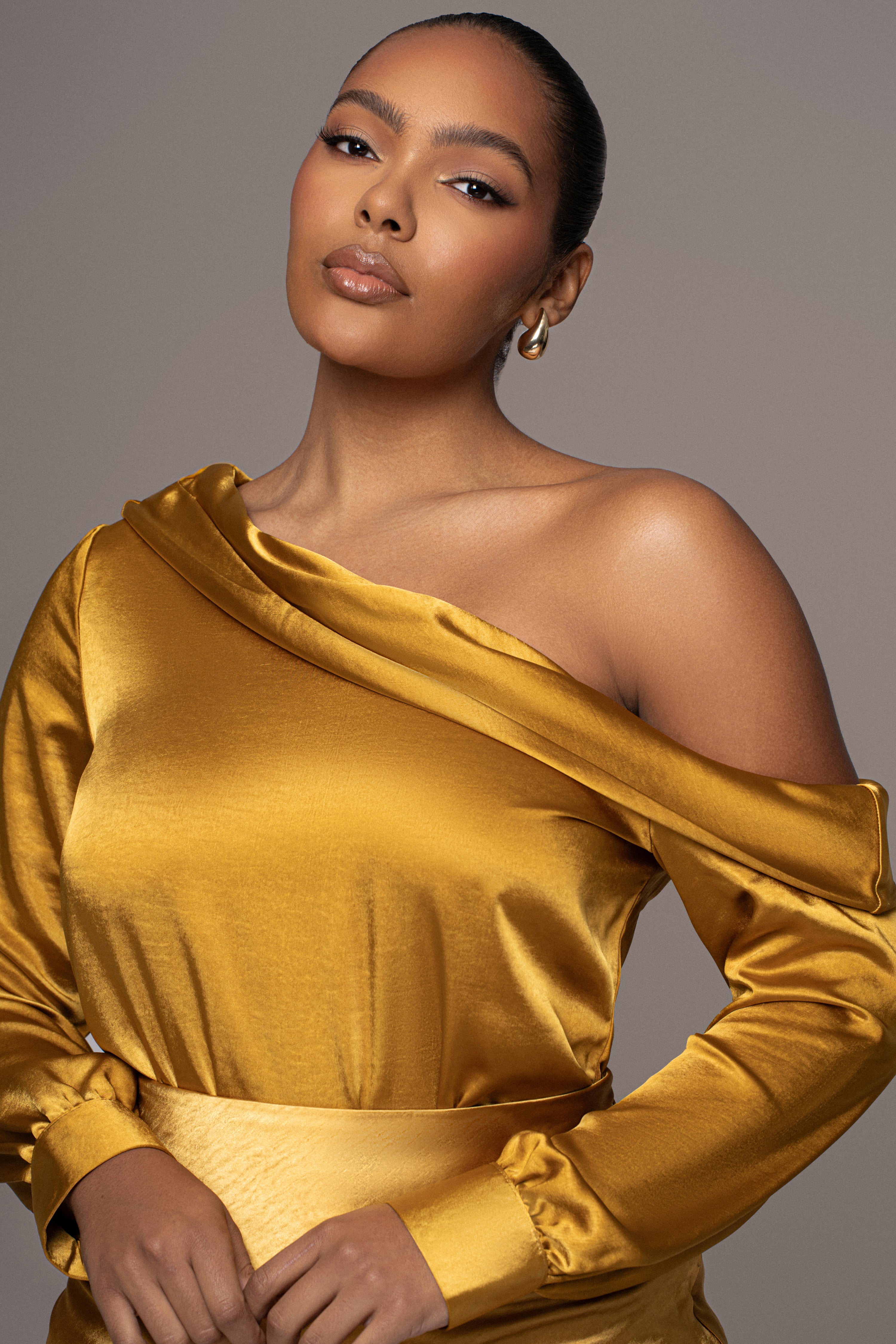 Yellow Satin Rima Asymmetrical Bodysuit - JLUXLABEL