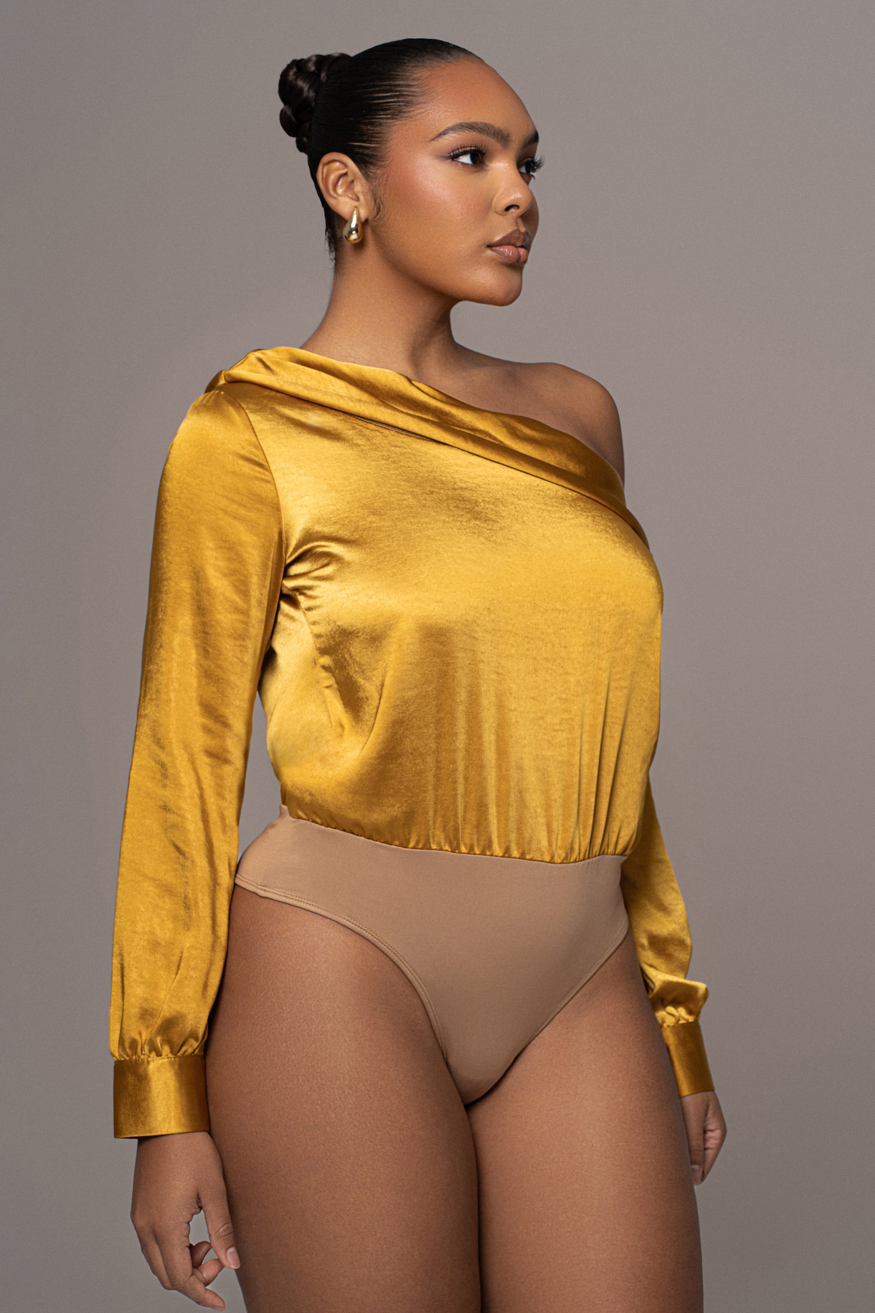 Yellow Satin Rima Asymmetrical Bodysuit - JLUXLABEL