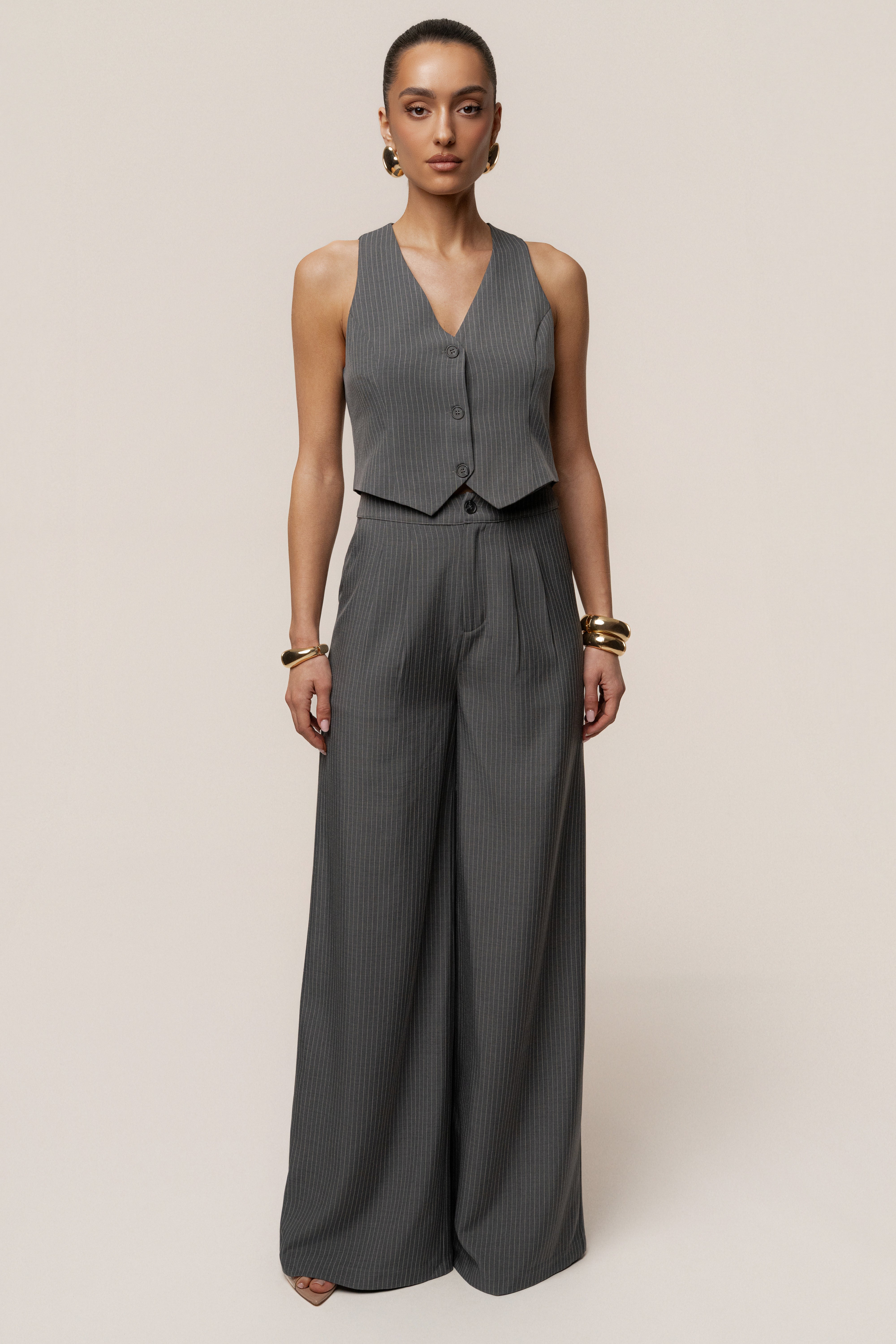 Grey Relaxed Pinstripe Pant Set - JLUXLABEL