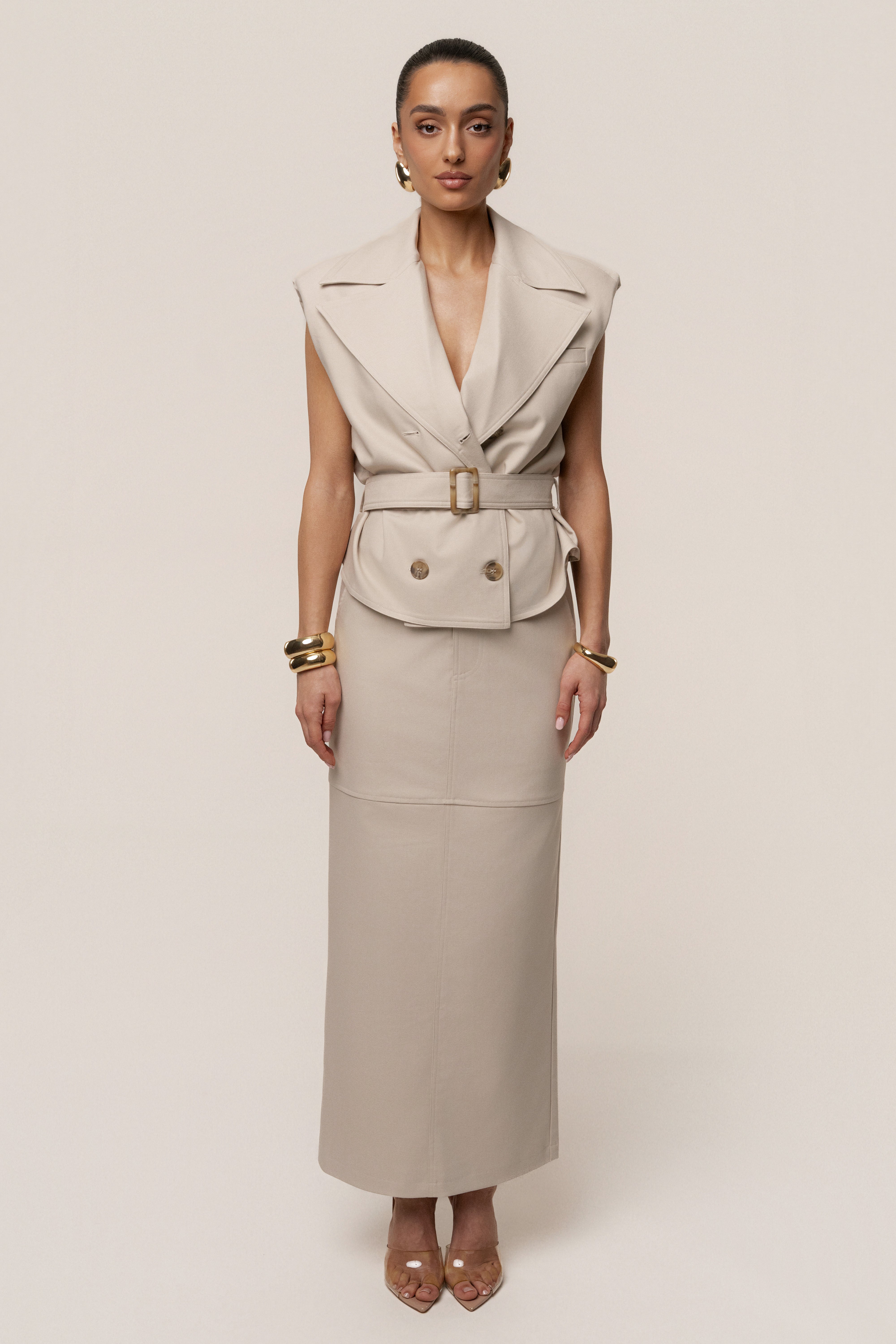 euw ○ nuance collar short gilet / beige Beige In Focus Belted Vest