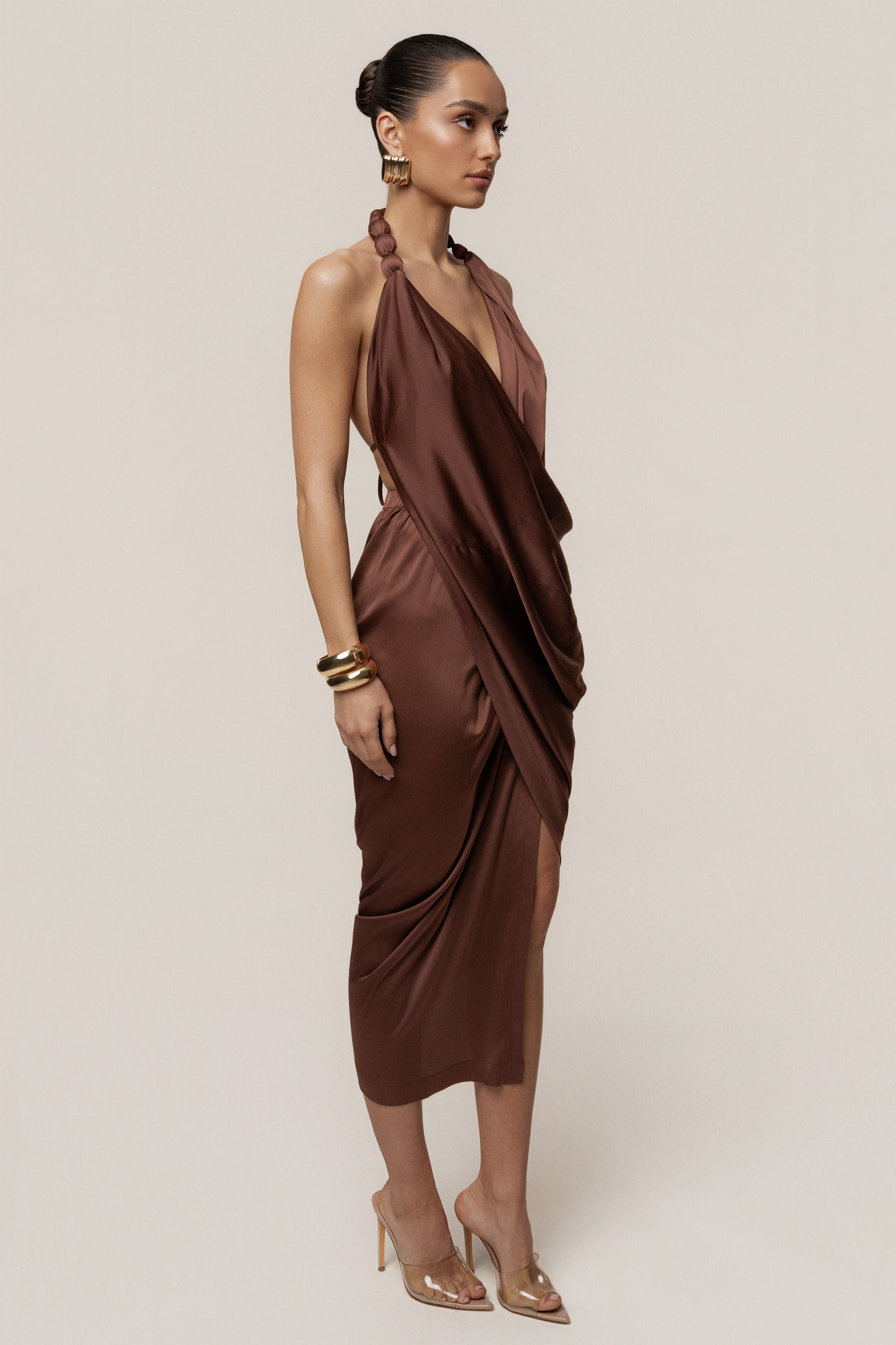 Brown  Dolce Drape Dress - JLUXLABEL